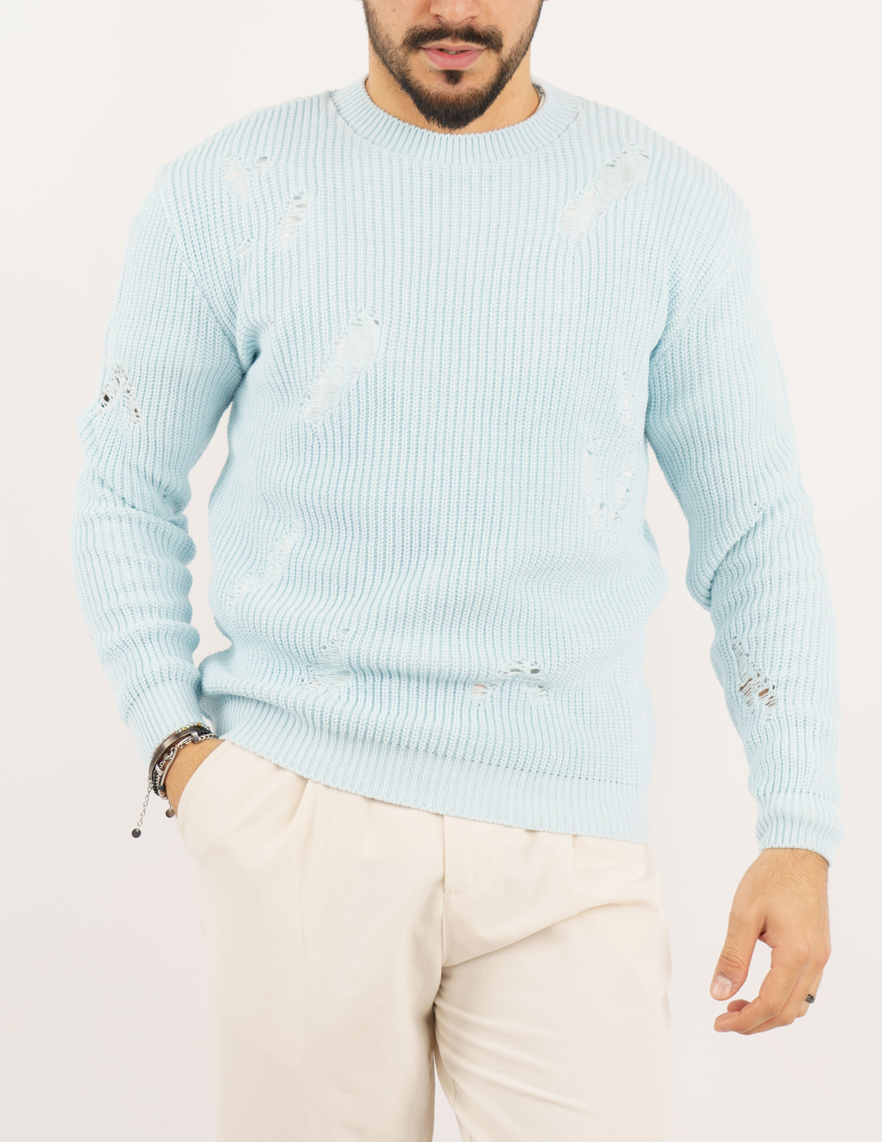 maglione uomo girocollo strutturato con rotture