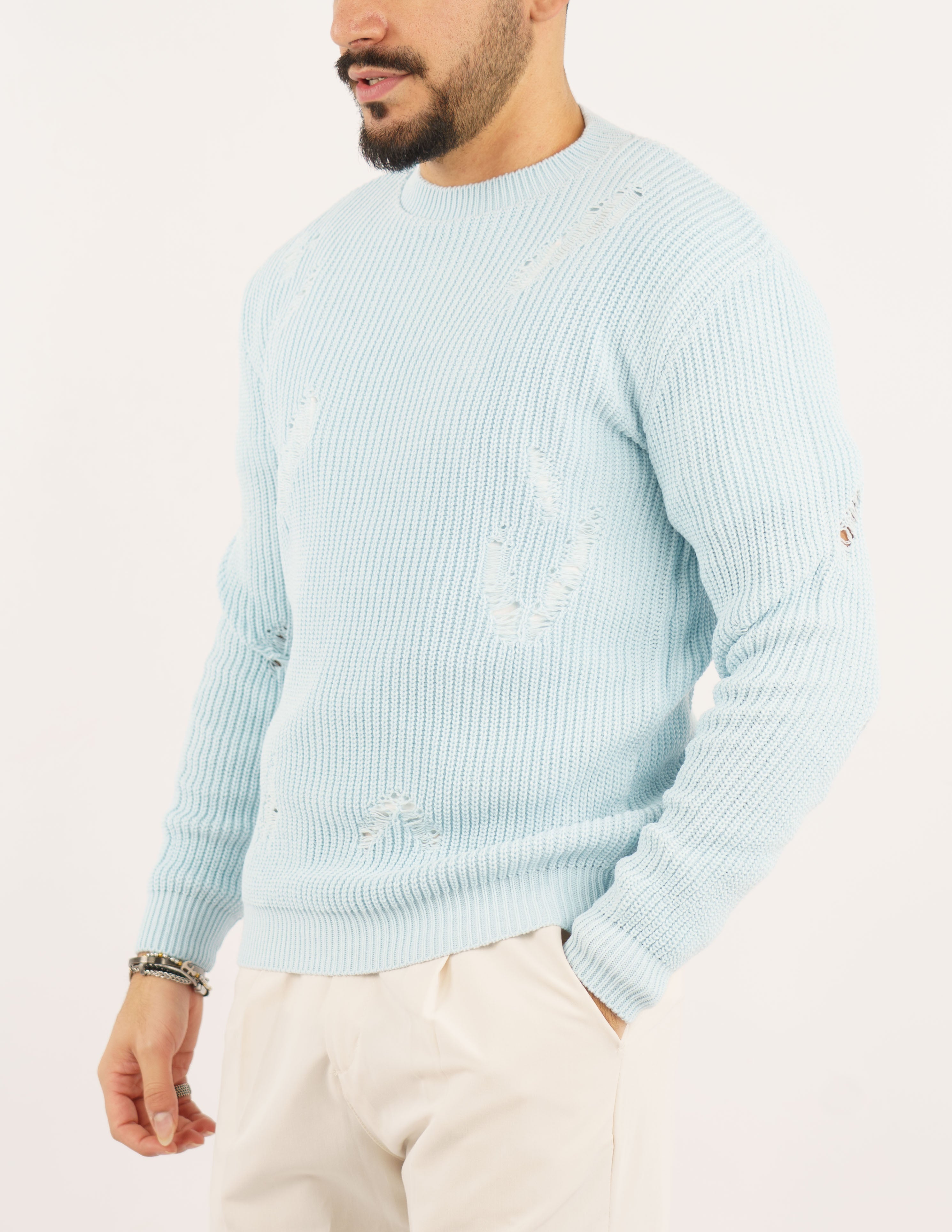 maglione uomo girocollo strutturato con rotture