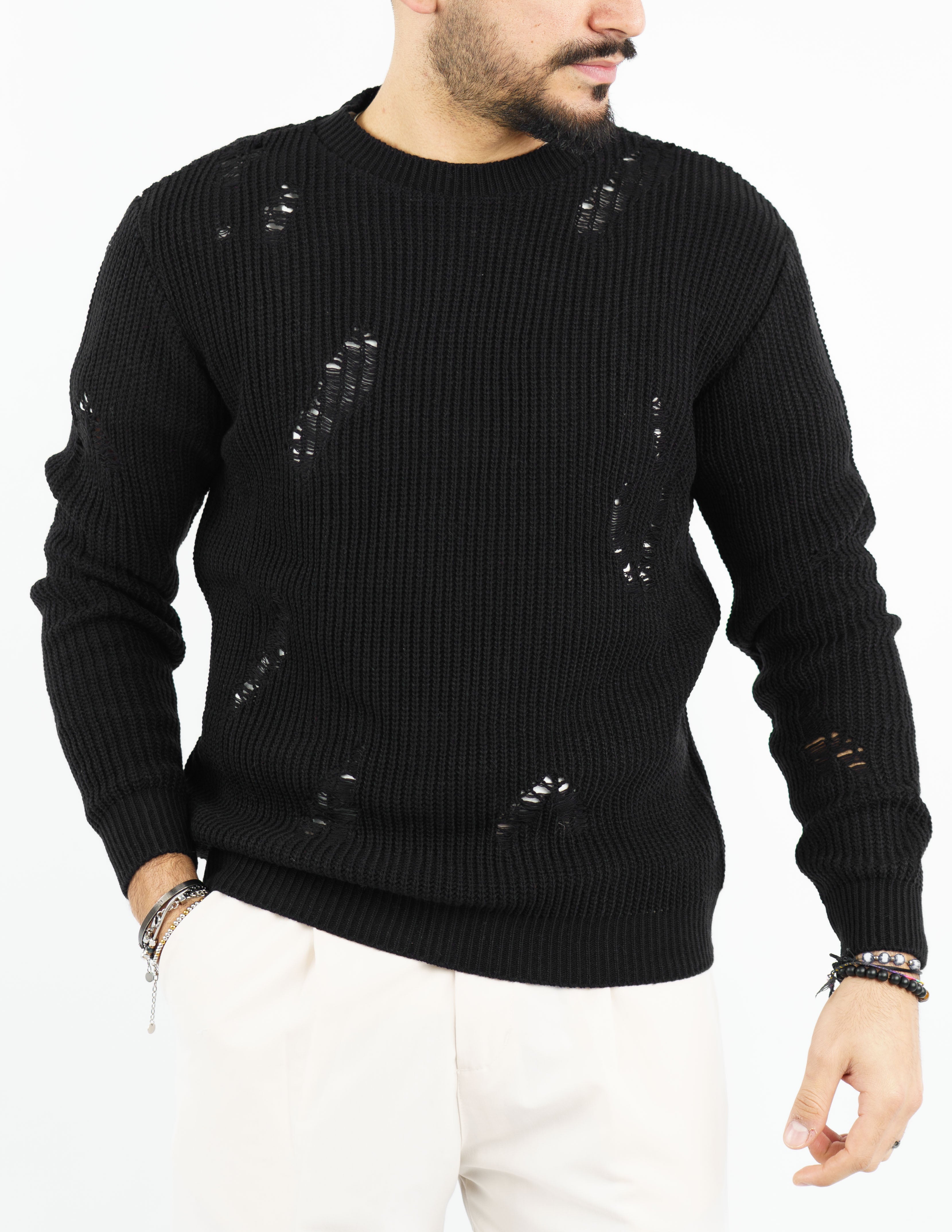 maglione uomo girocollo strutturato con rotture