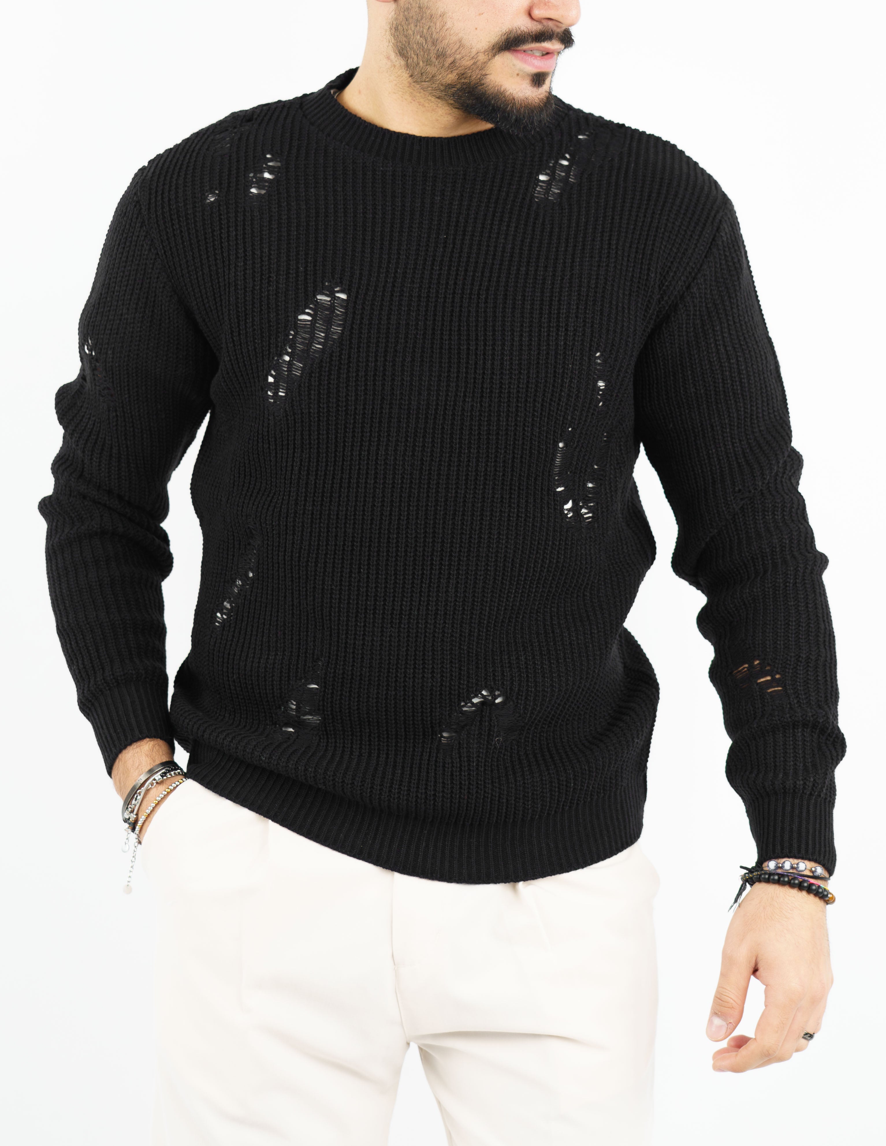 maglione uomo girocollo strutturato con rotture