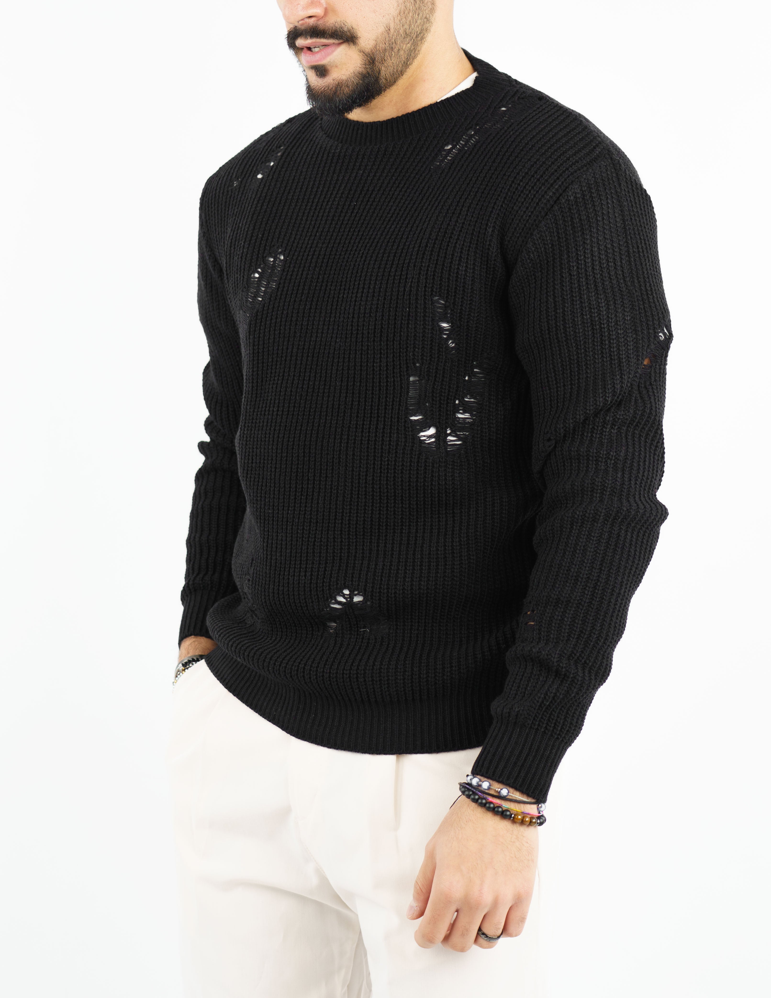 maglione uomo girocollo strutturato con rotture