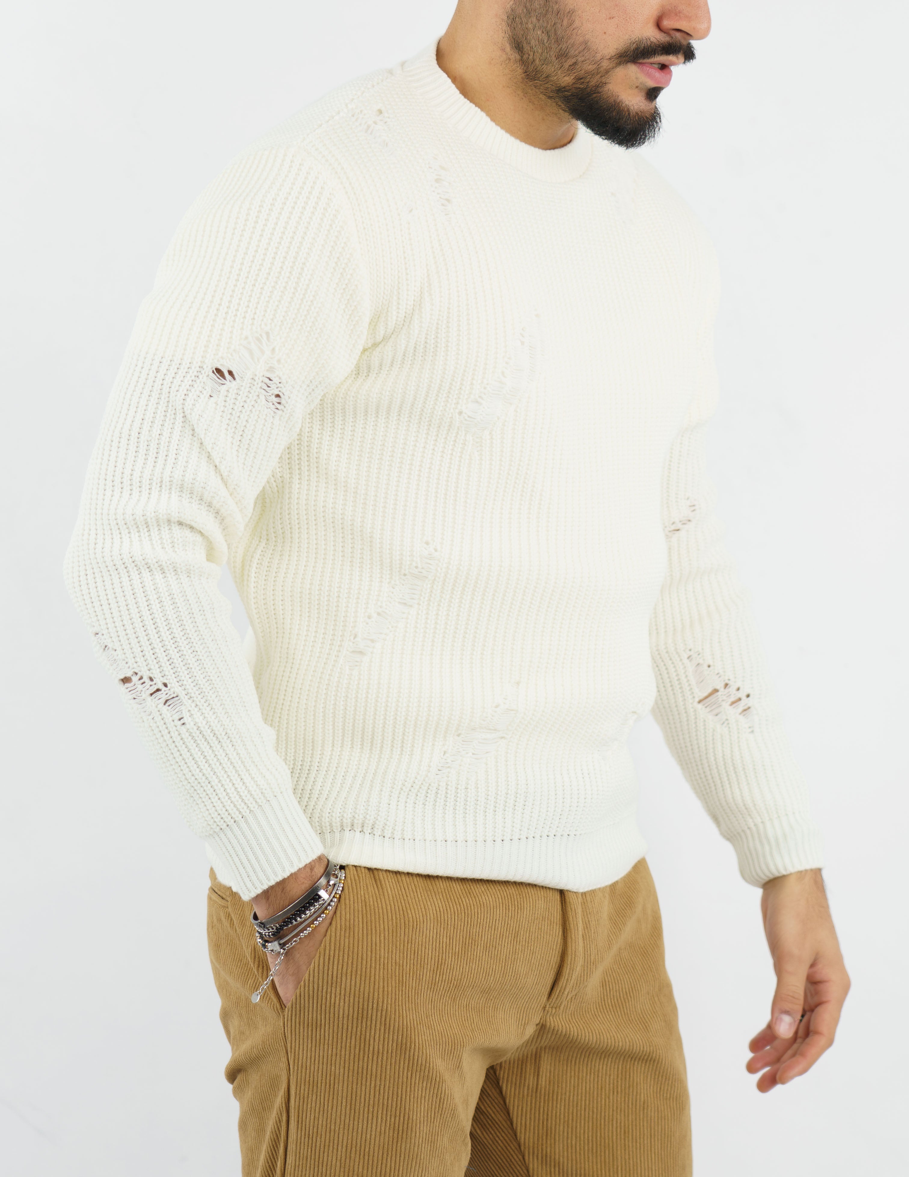 maglione uomo girocollo strutturato con rotture