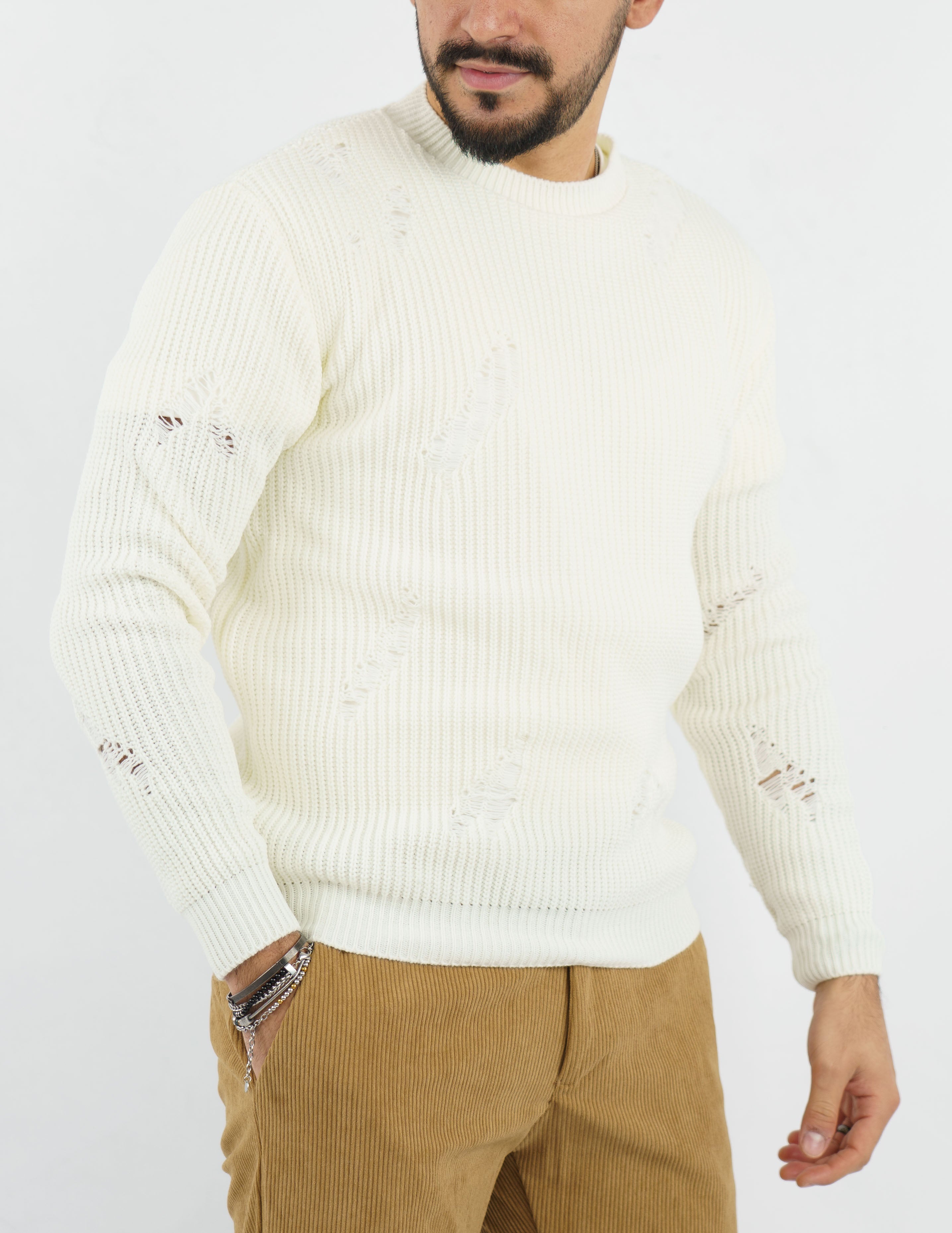 maglione uomo girocollo strutturato con rotture