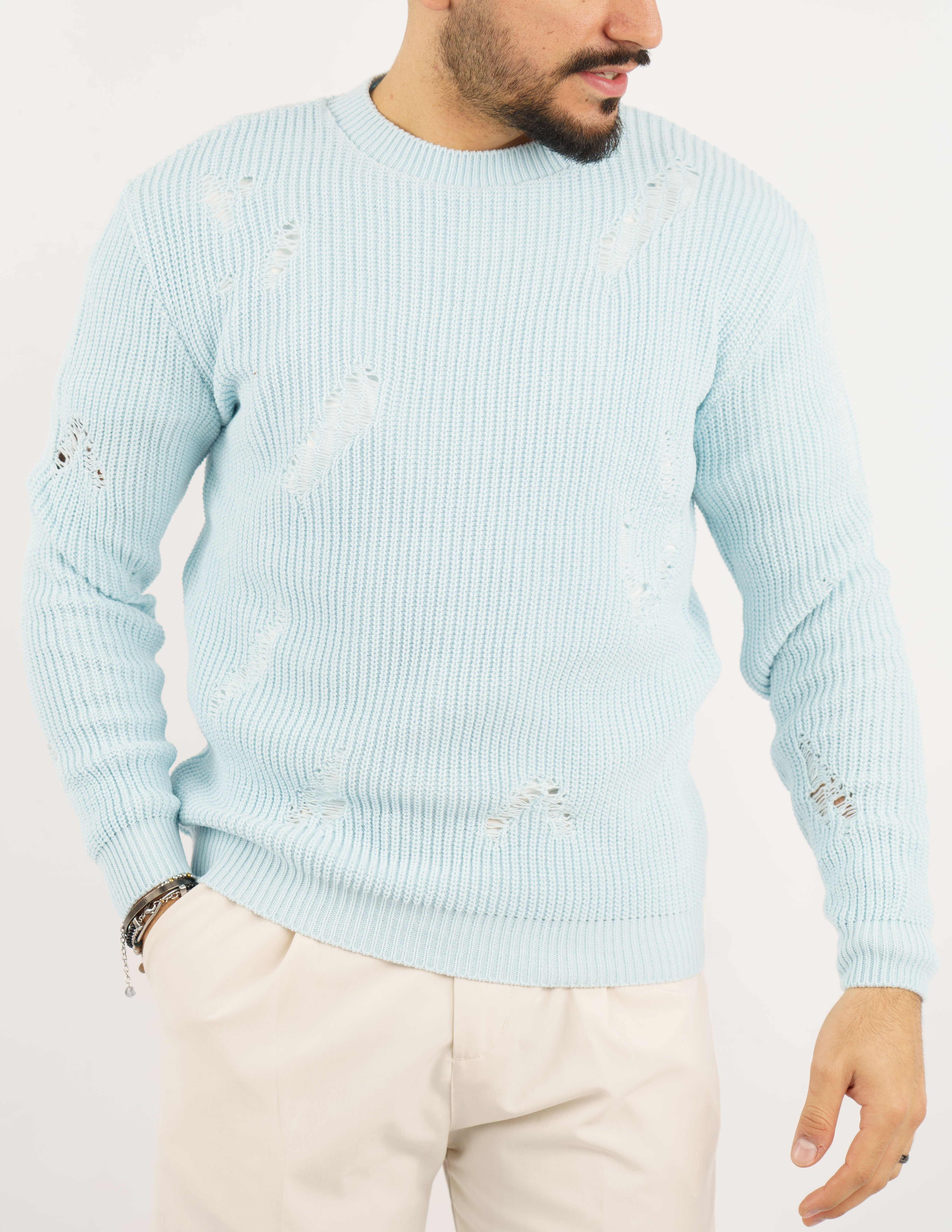 maglione uomo girocollo strutturato con rotture