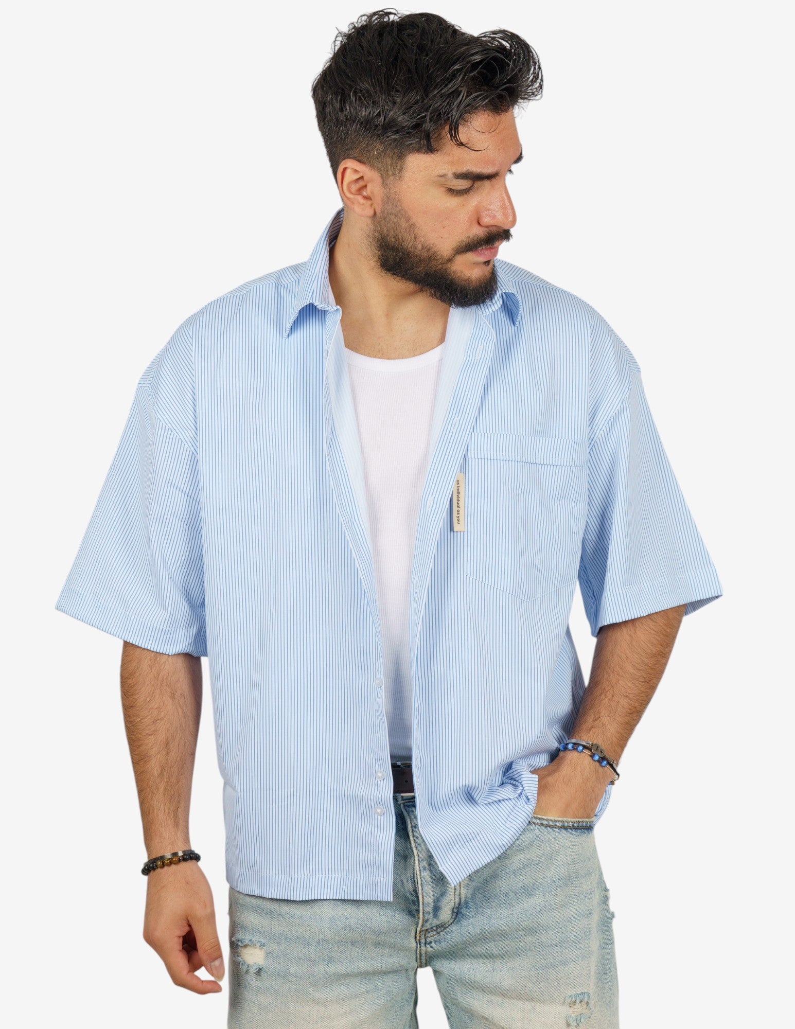 camicia cropped rigata con taschino