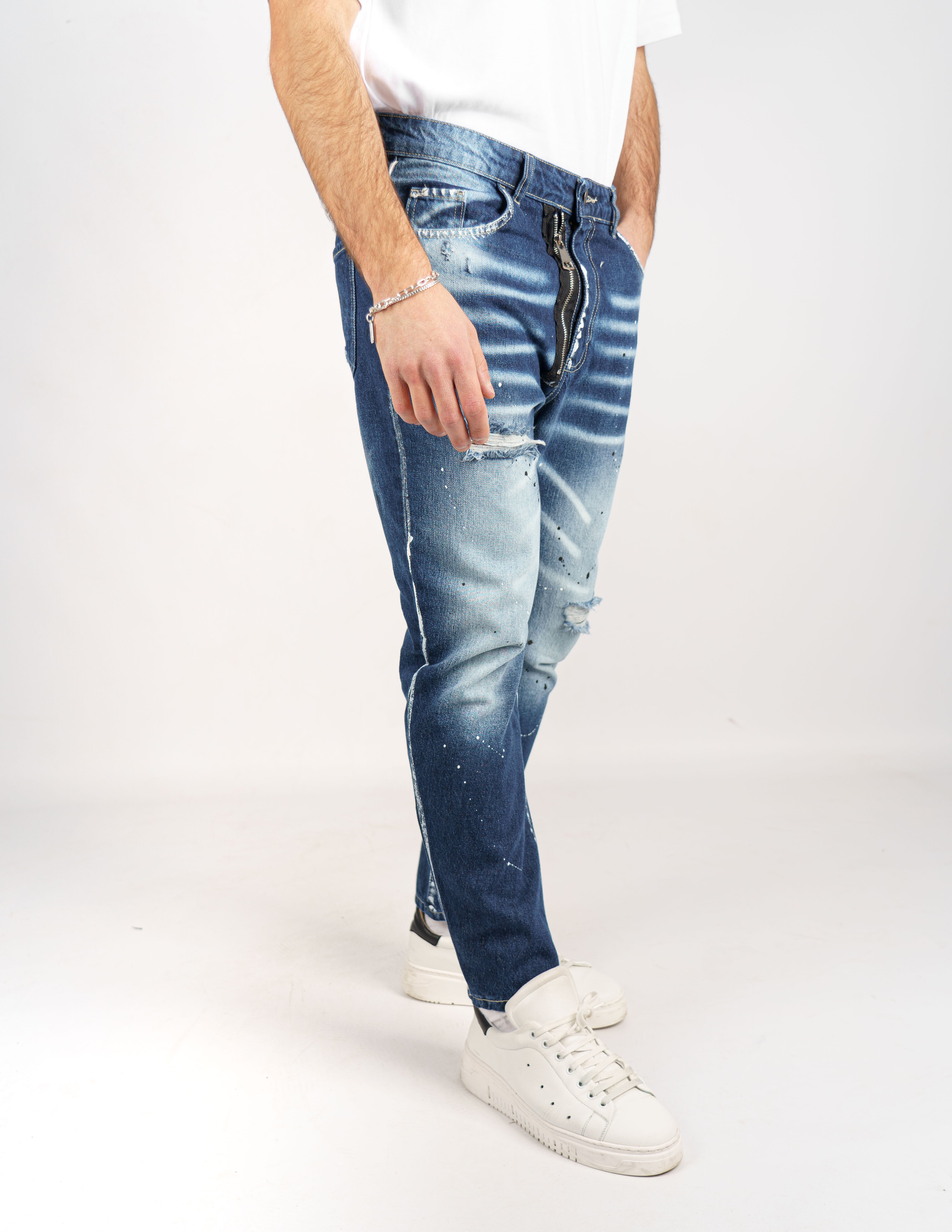 jeans denim cerniera e schizzi