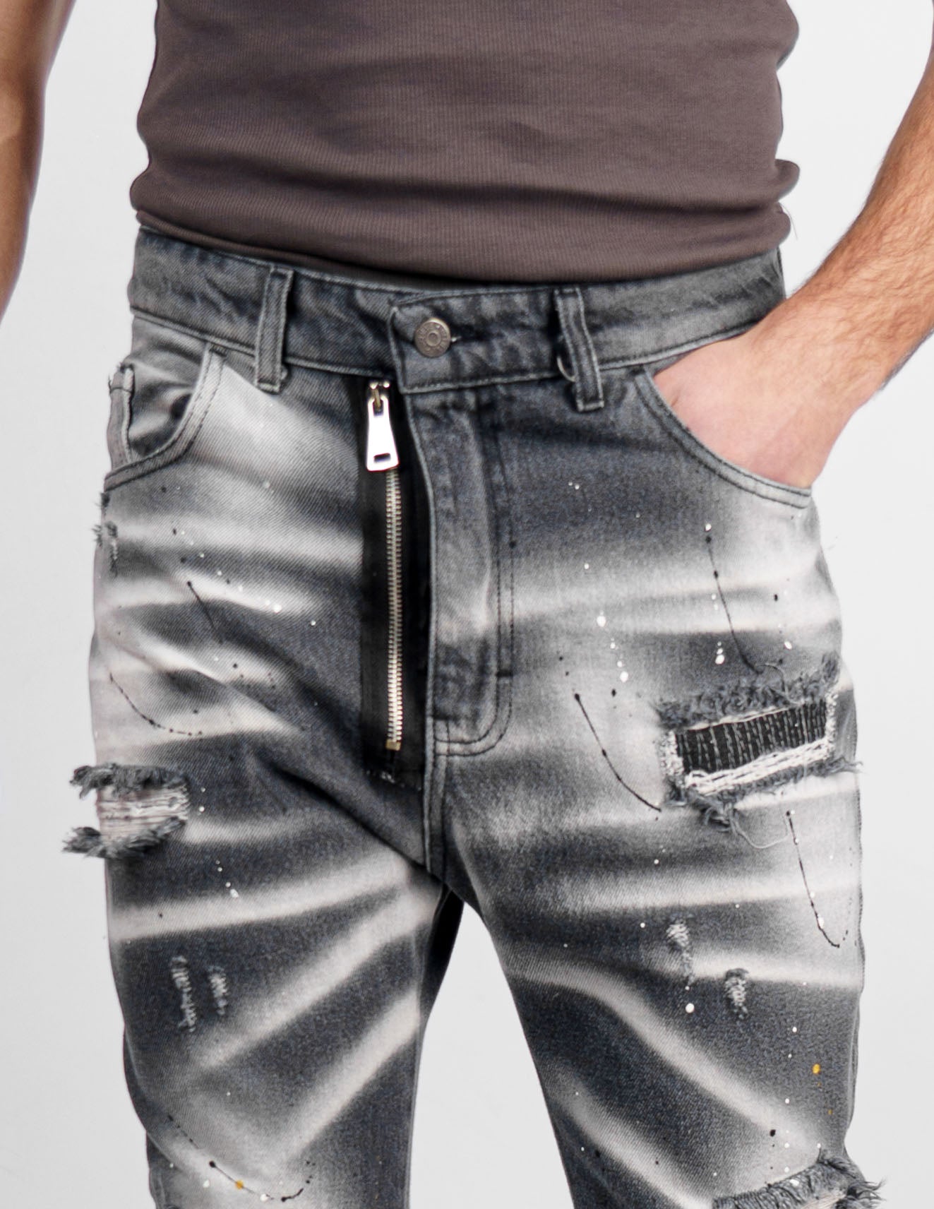 jeans denim cerniera e schizzi