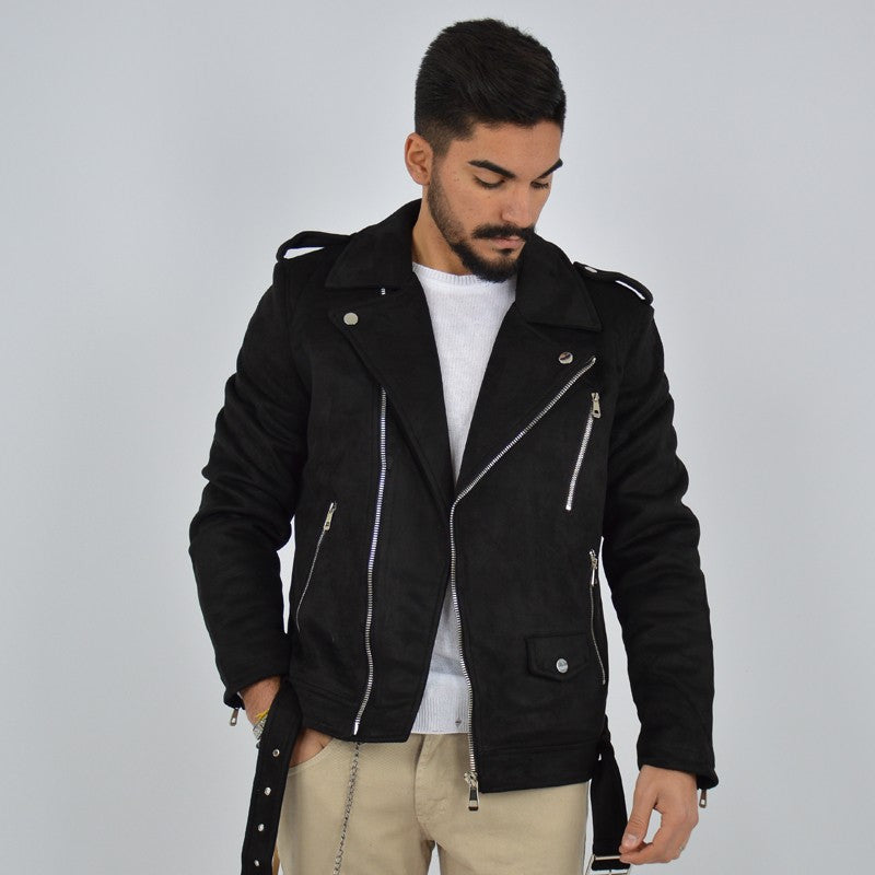 giubbotto biker effetto camoscio nero