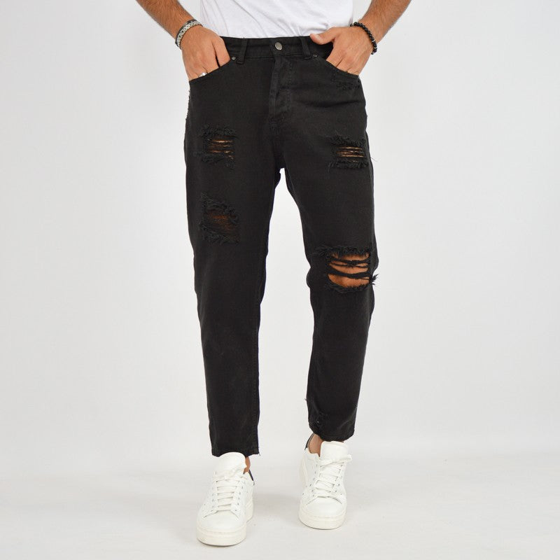 jeans uomo denim nero con rotture