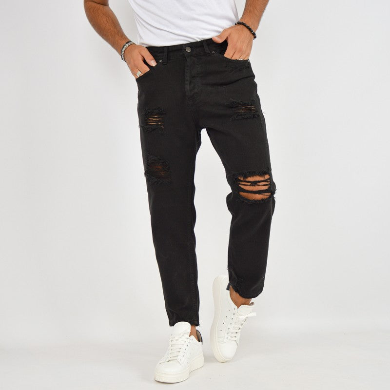 jeans uomo denim nero con rotture