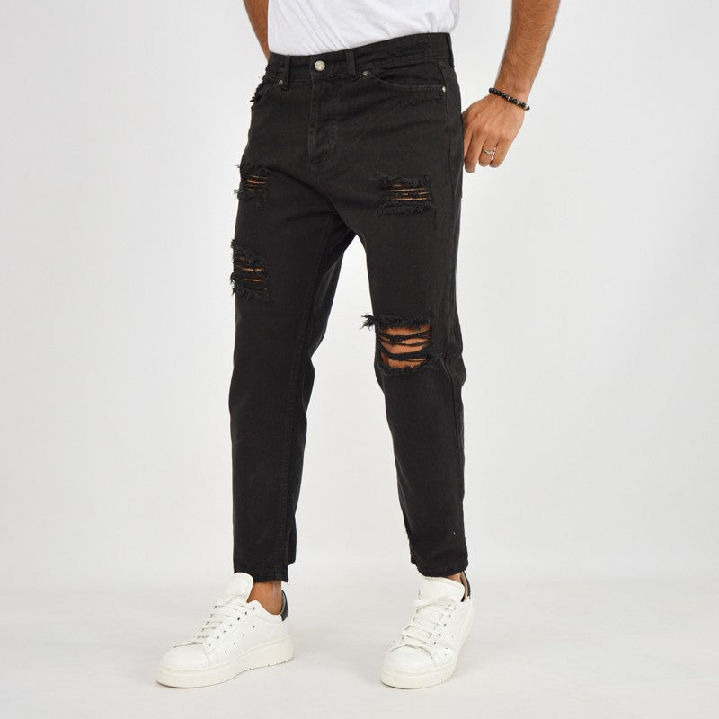 jeans uomo denim nero con rotture