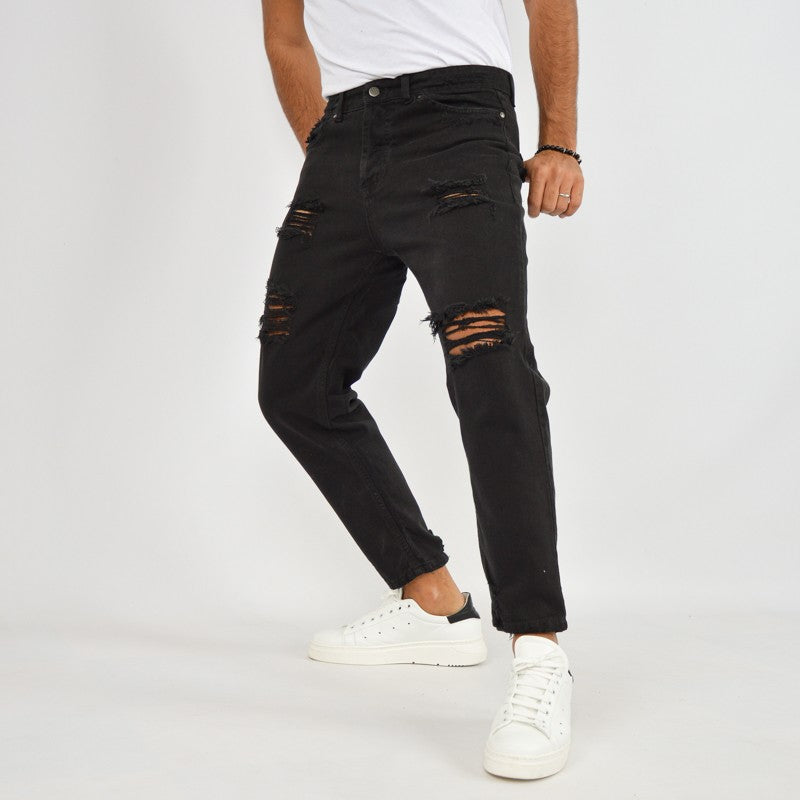 jeans uomo denim nero con rotture