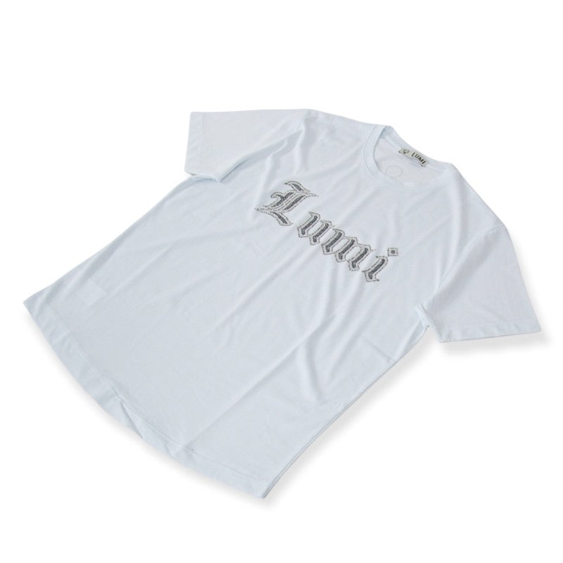t-shirt lumi stampa strass bianca