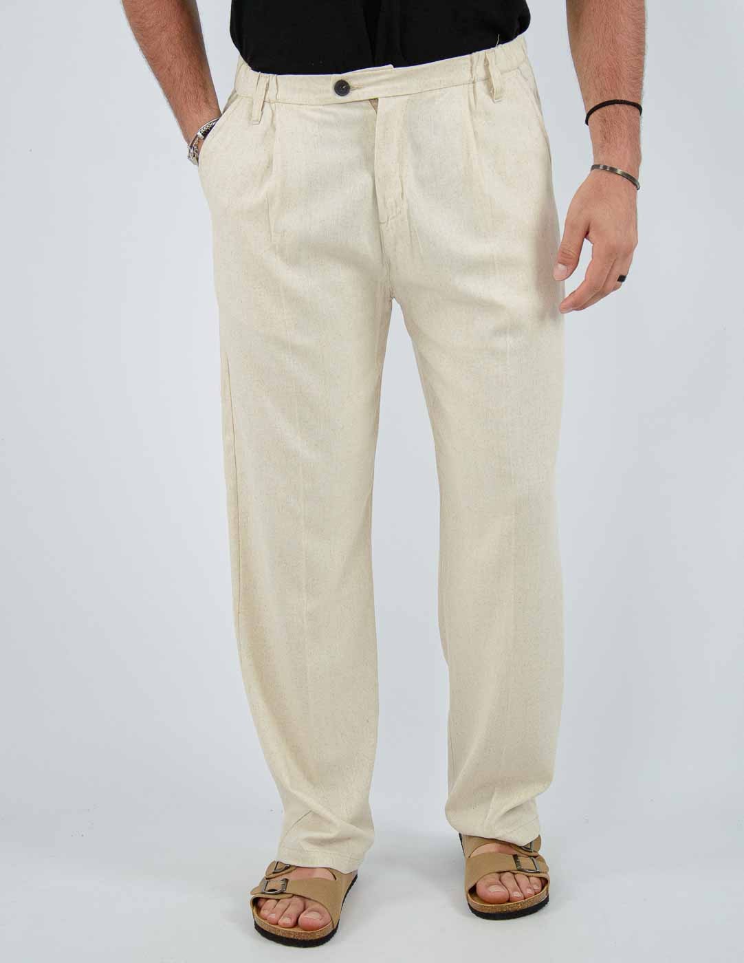 pantalone fondo largo in misto lino