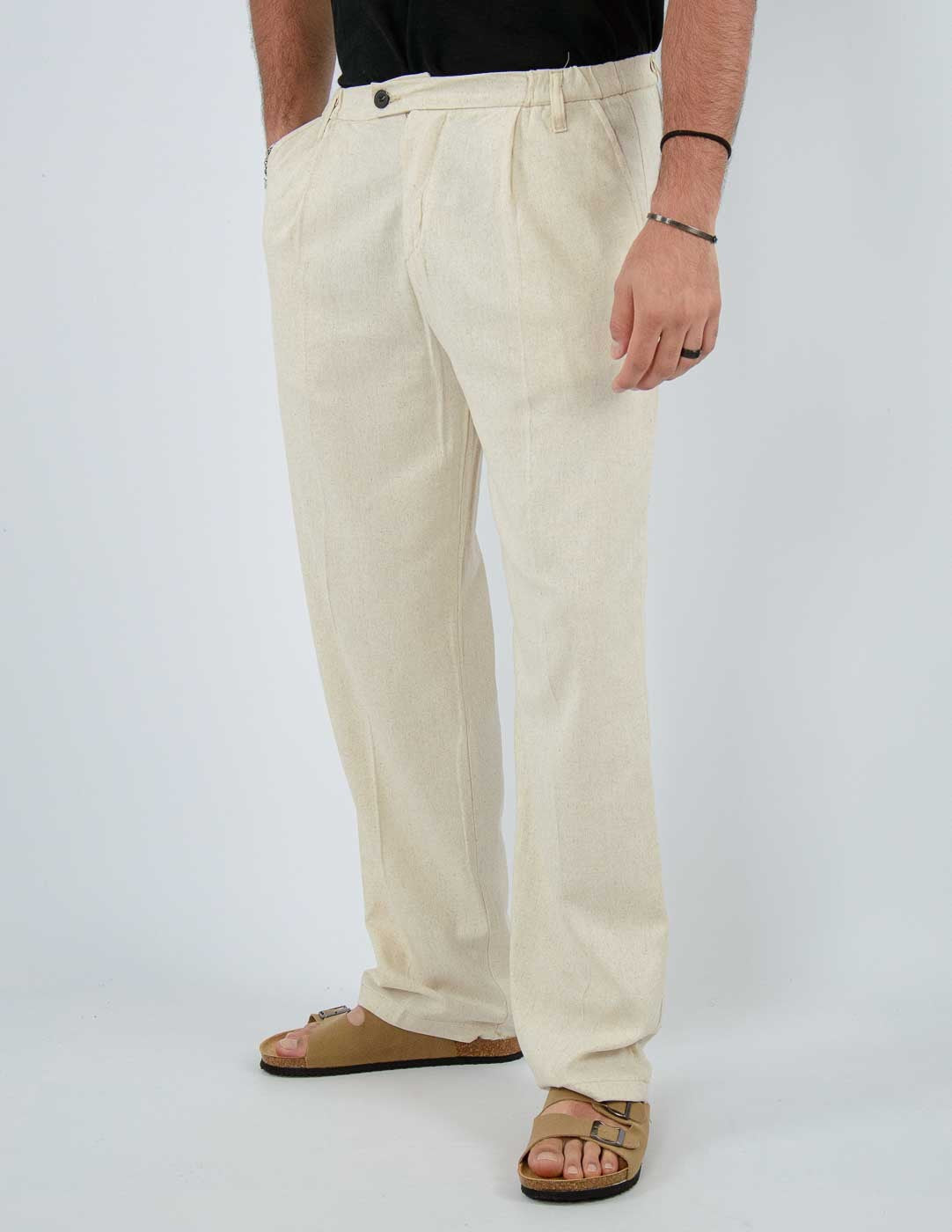 pantalone fondo largo in misto lino