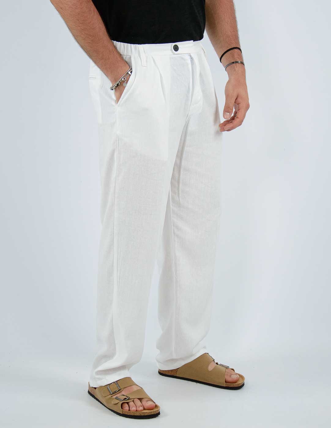 pantalone fondo largo in misto lino