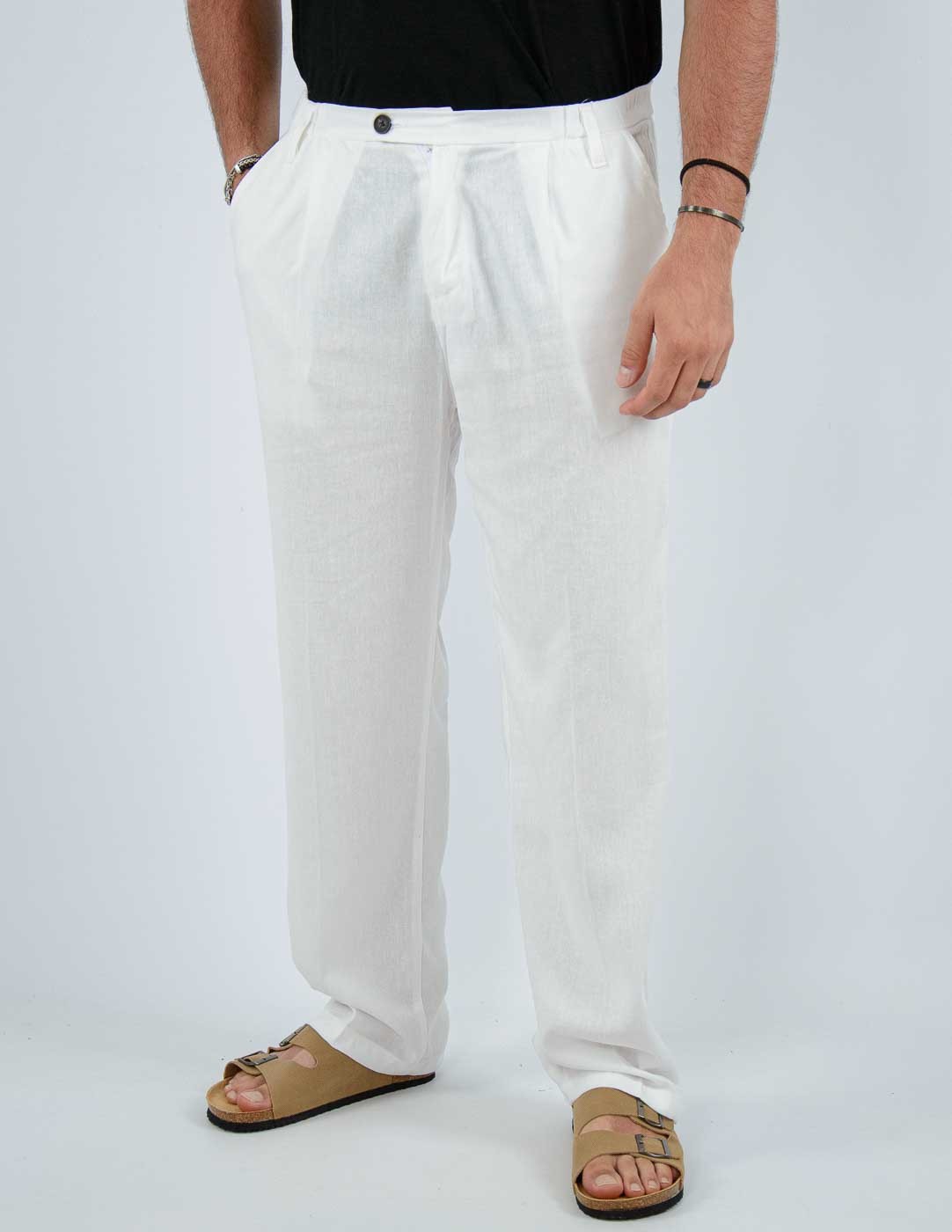 pantalone fondo largo in misto lino
