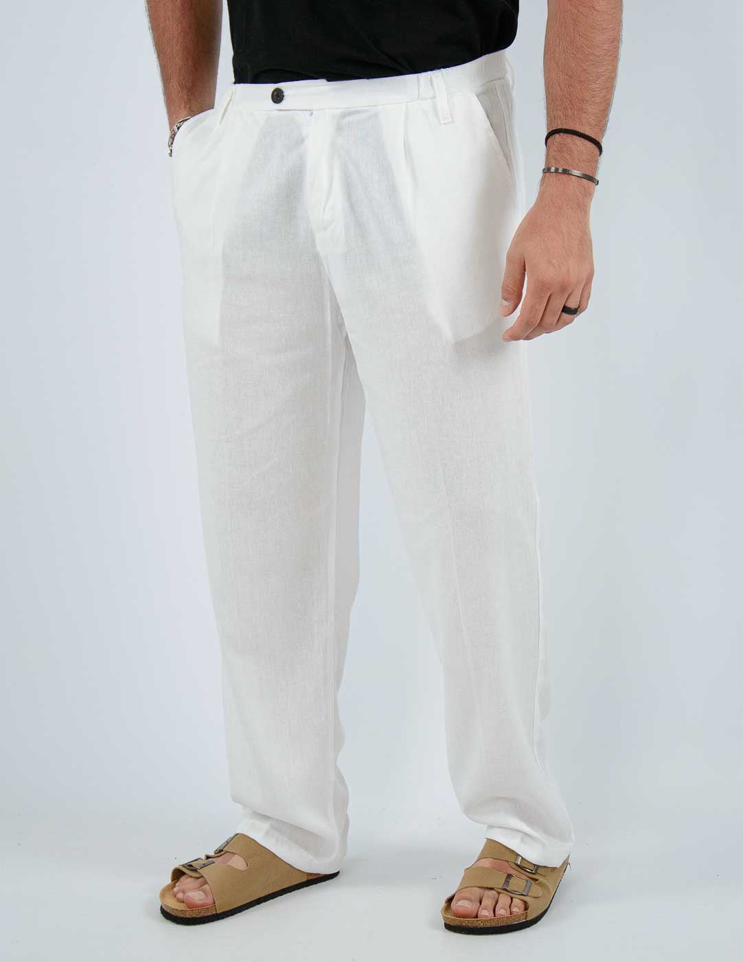pantalone fondo largo in misto lino