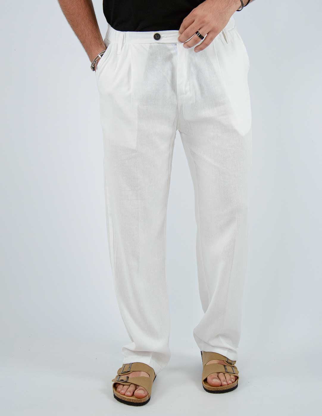 pantalone fondo largo in misto lino