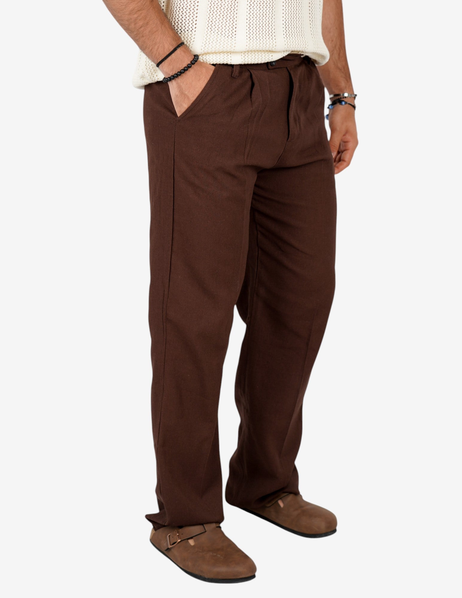 pantalone fondo largo in misto lino