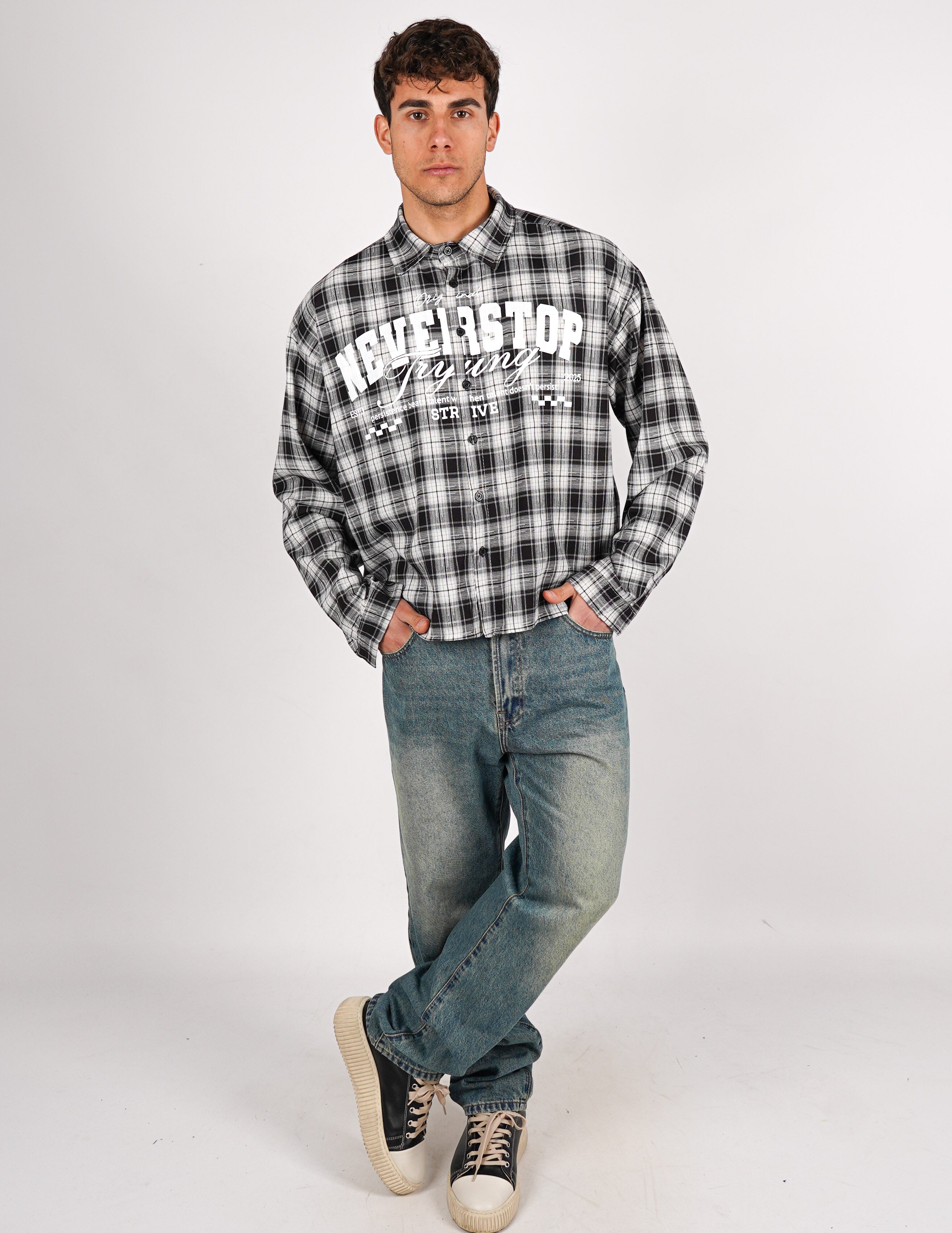 camicia crop a quadri con stampa
