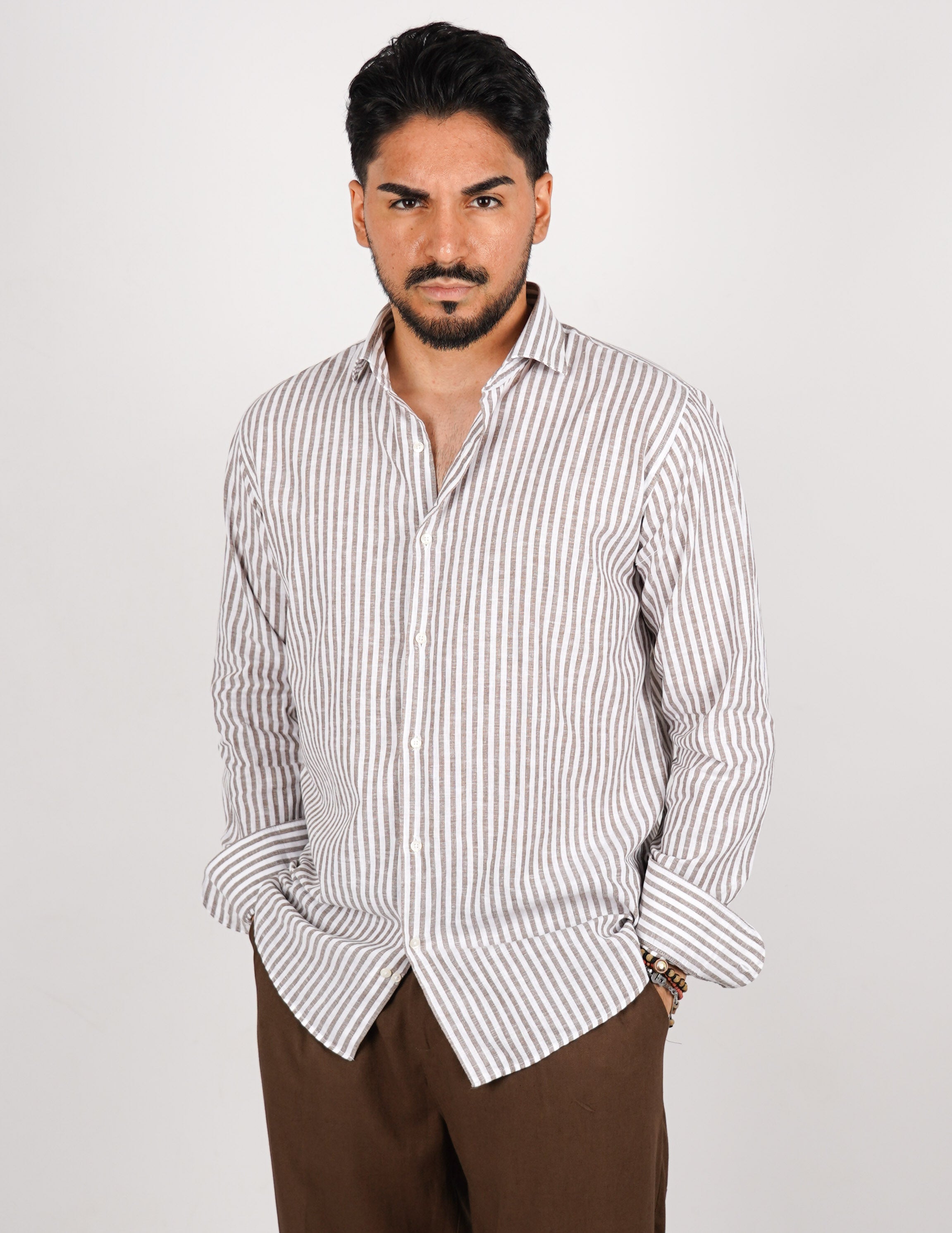 camicia profumata in lino a righe collo classico
