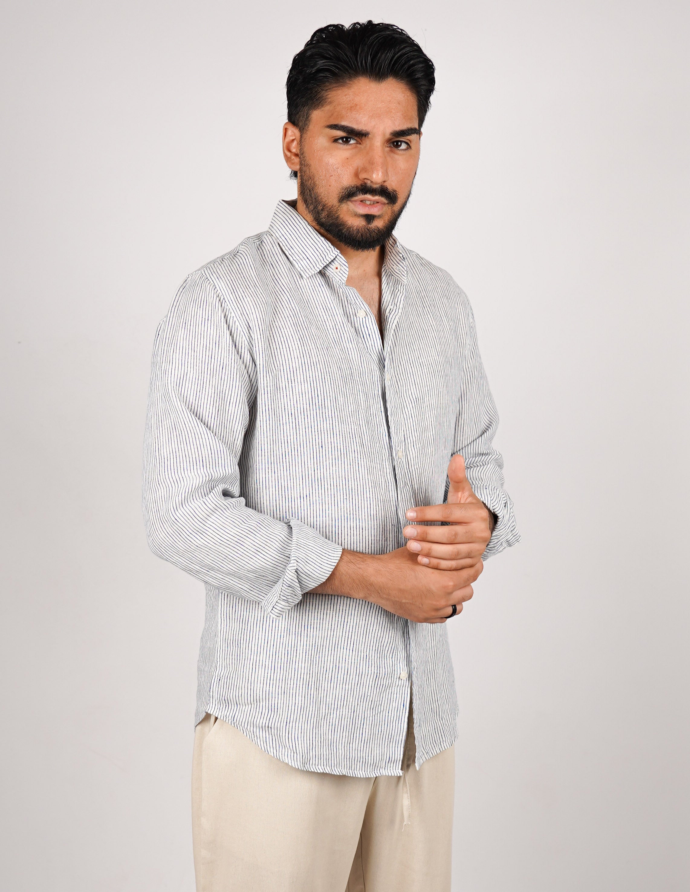 CAMICIA IN MISTO LINO RIGA STRETTA