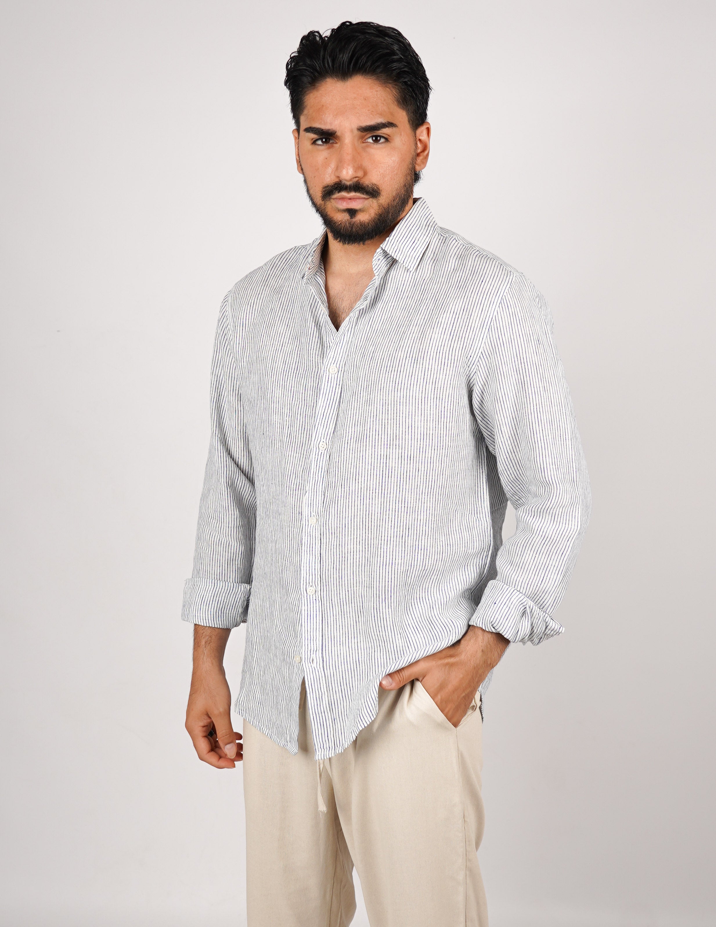 CAMICIA IN MISTO LINO RIGA STRETTA