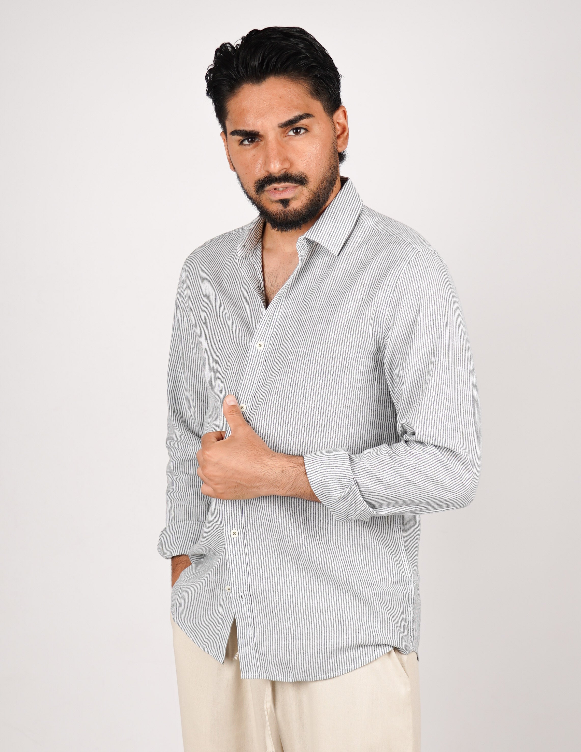 CAMICIA IN MISTO LINO RIGA STRETTA