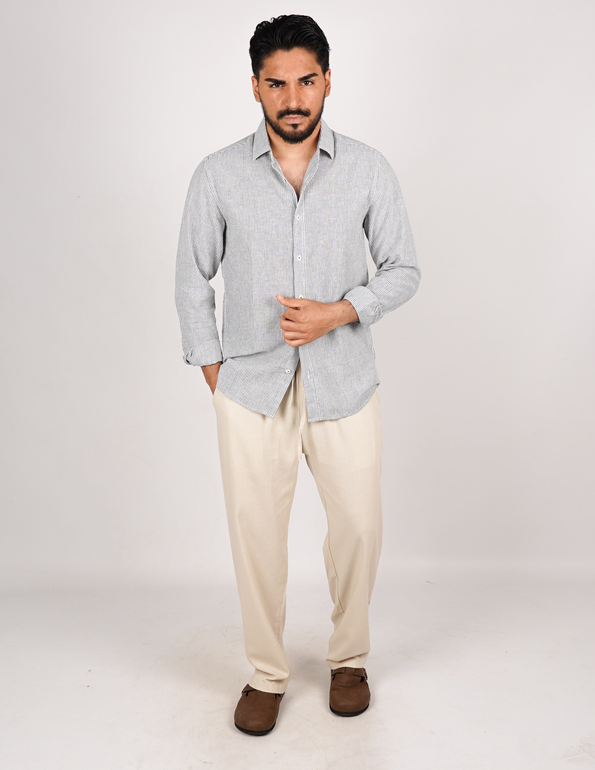 CAMICIA IN MISTO LINO RIGA STRETTA