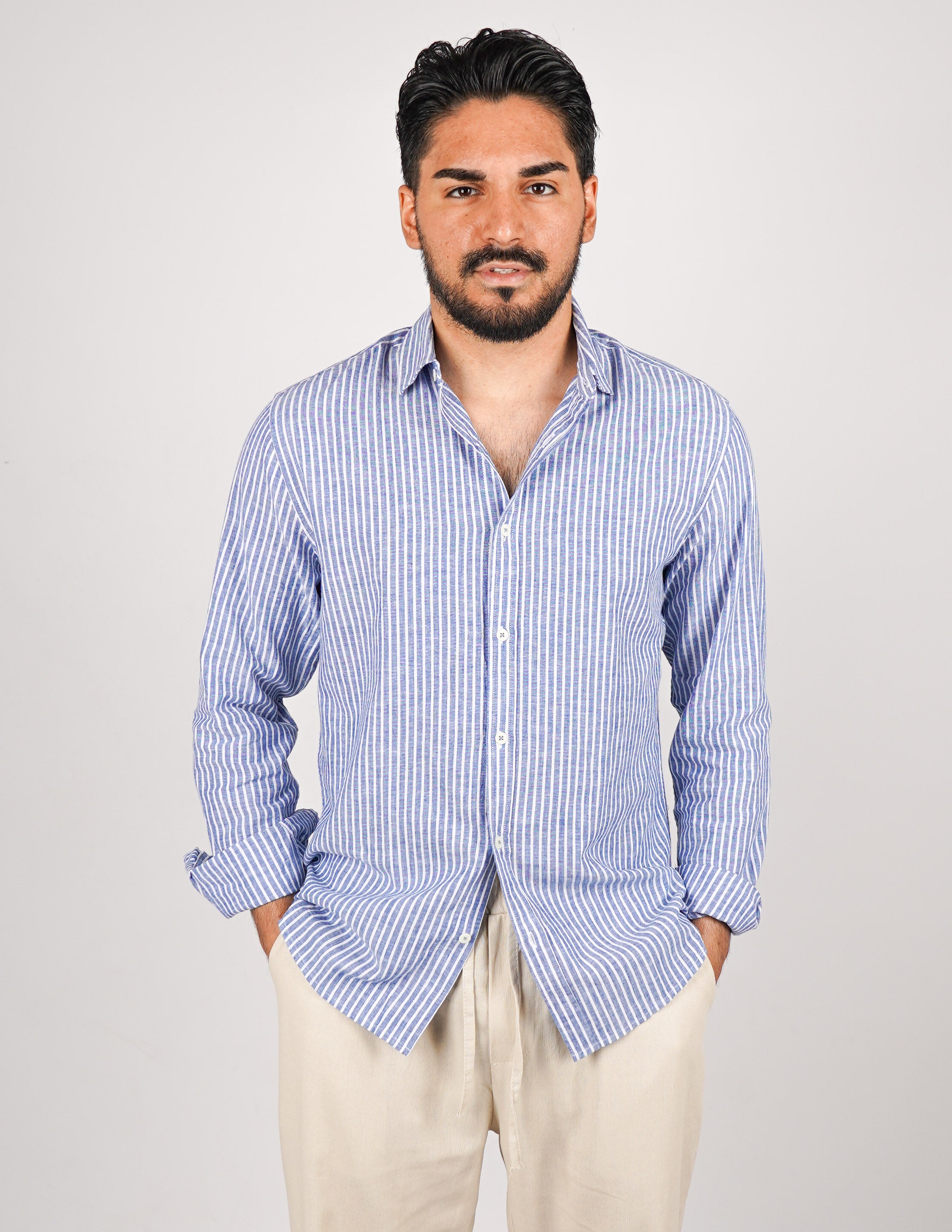 CAMICIA IN MISTO LINO RIGA STRETTA