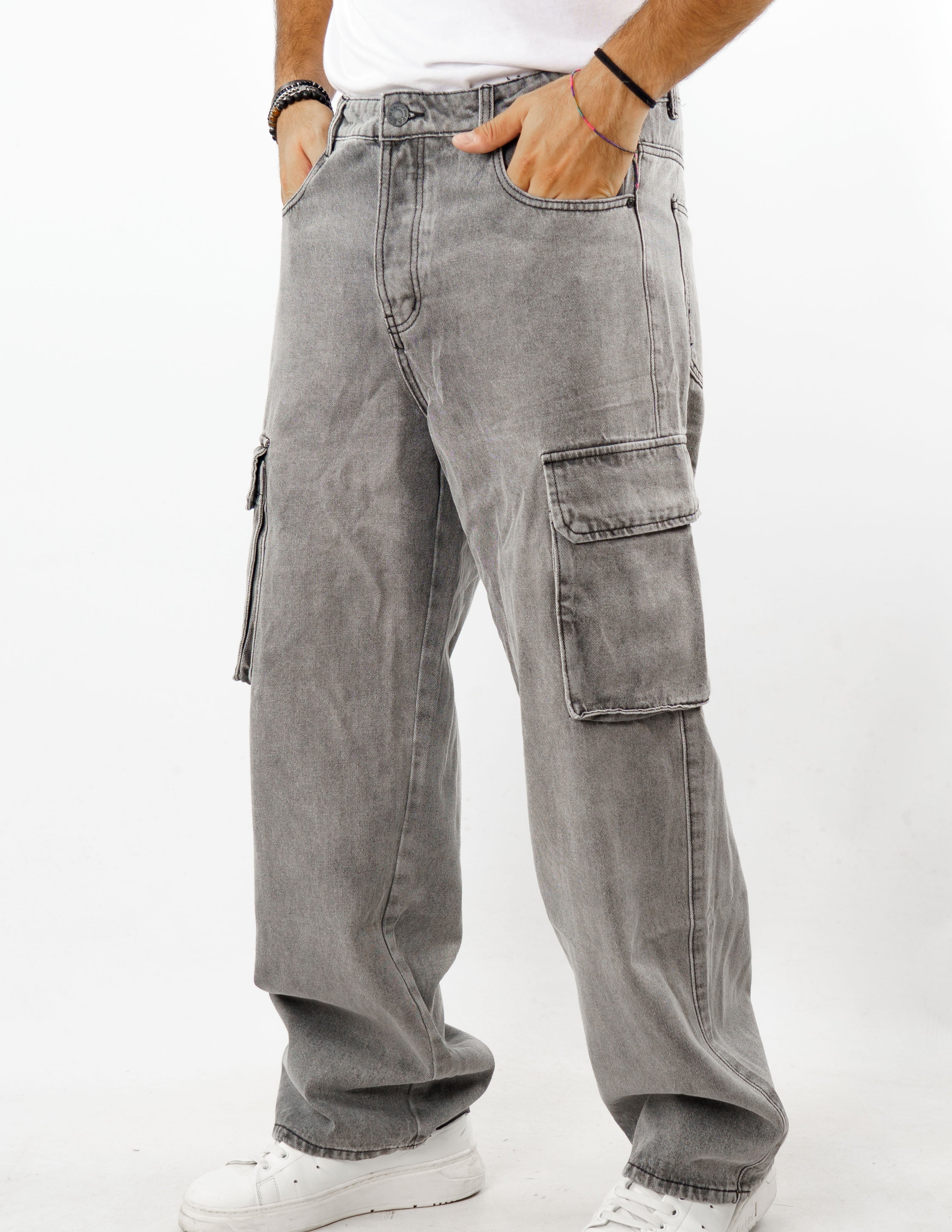 jeans  wide fit cargo denim grigio