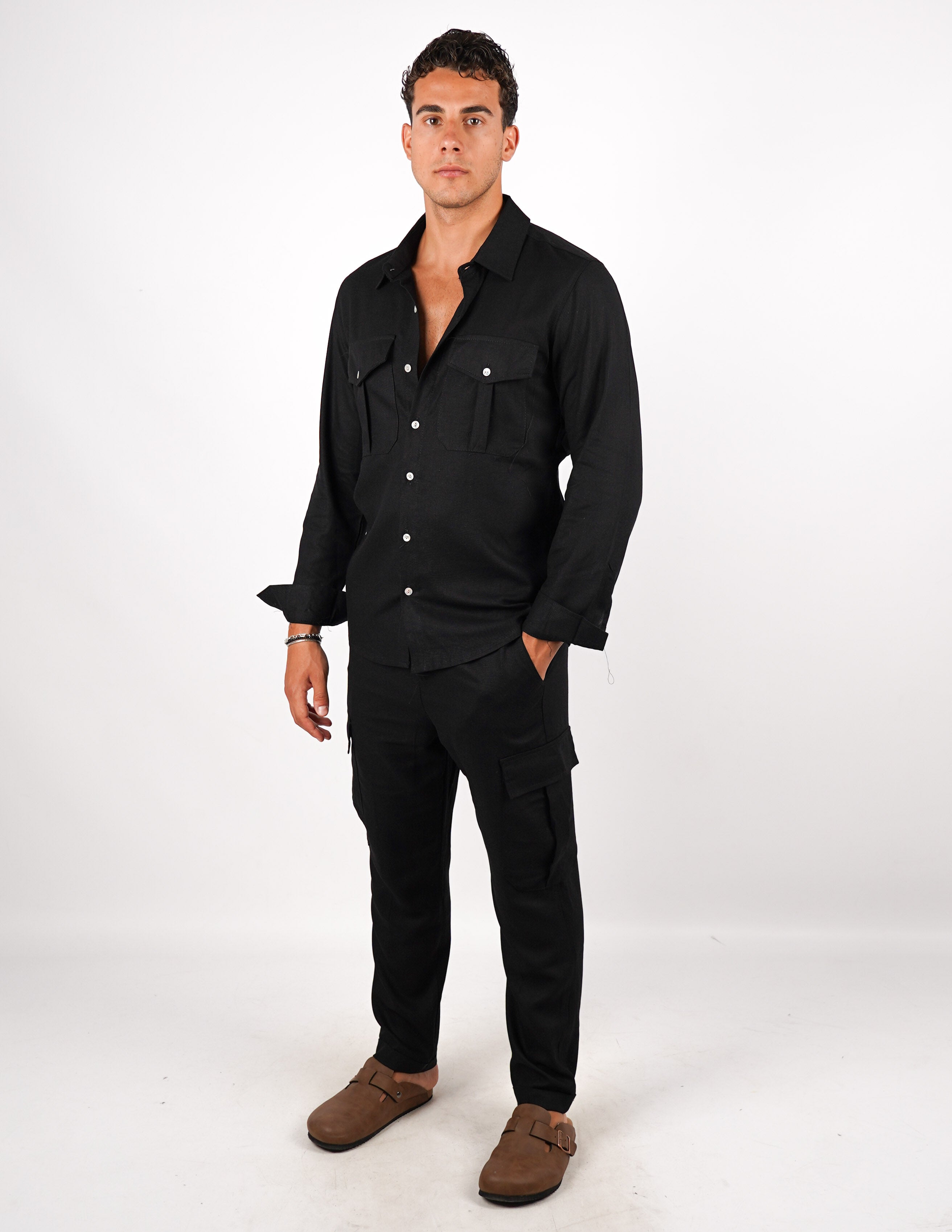 COORDINATO SLIM IN LINO CON TASCA