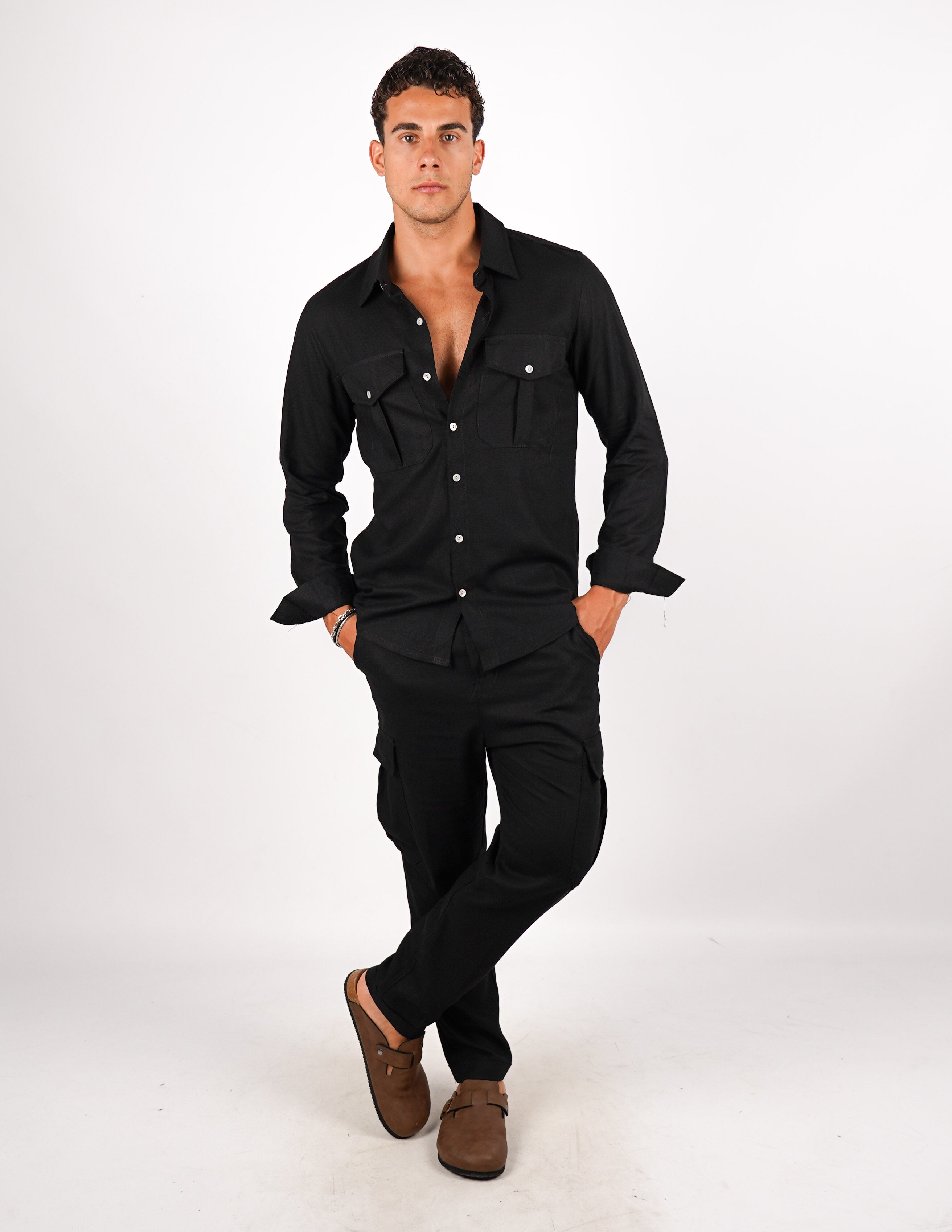 COORDINATO SLIM IN LINO CON TASCA