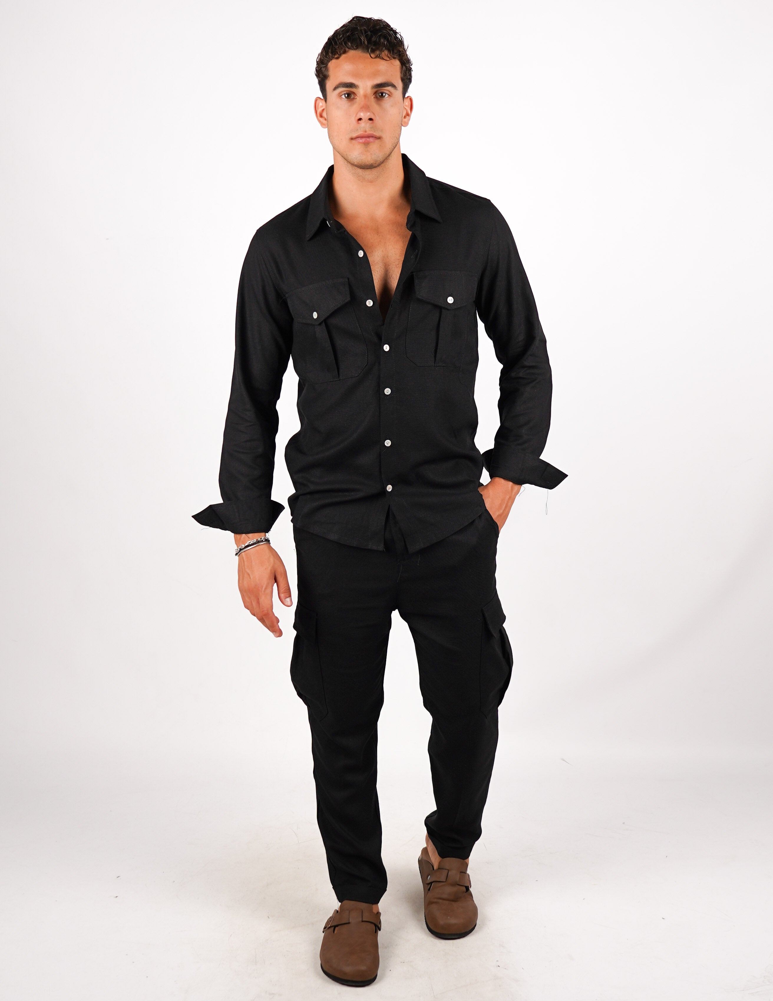 COORDINATO SLIM IN LINO CON TASCA
