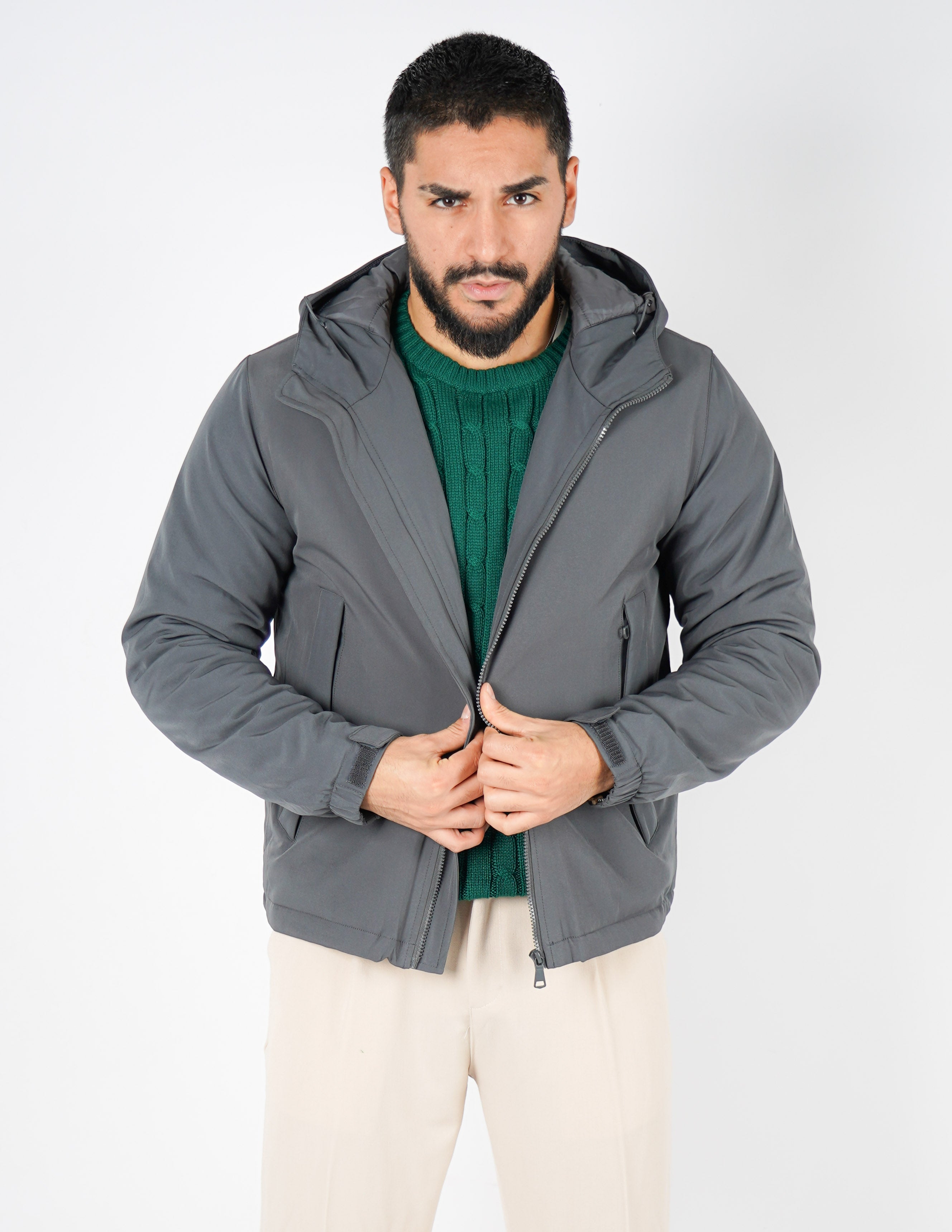 giubbino uomo tessuto tecnico con cappuccio