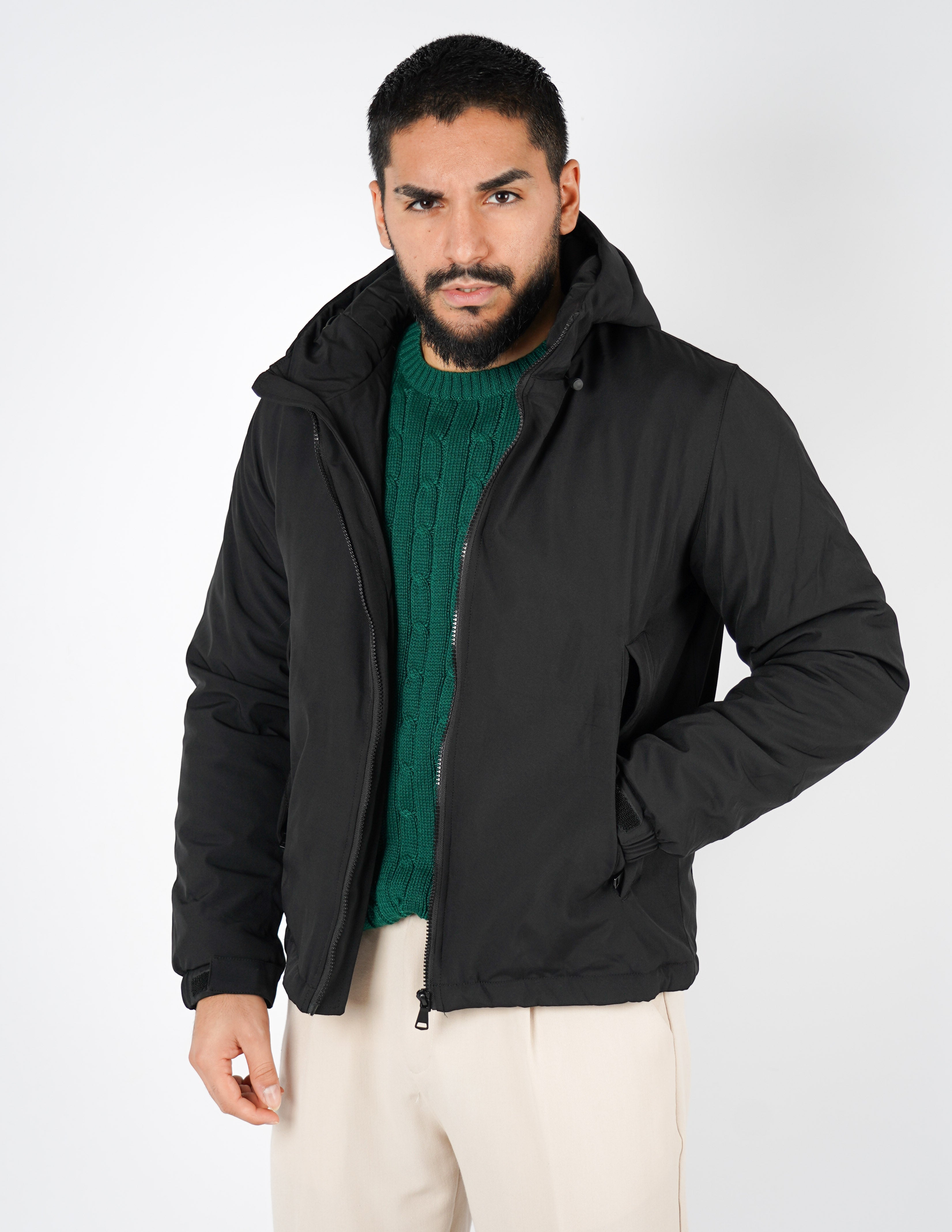 giubbino uomo tessuto tecnico con cappuccio