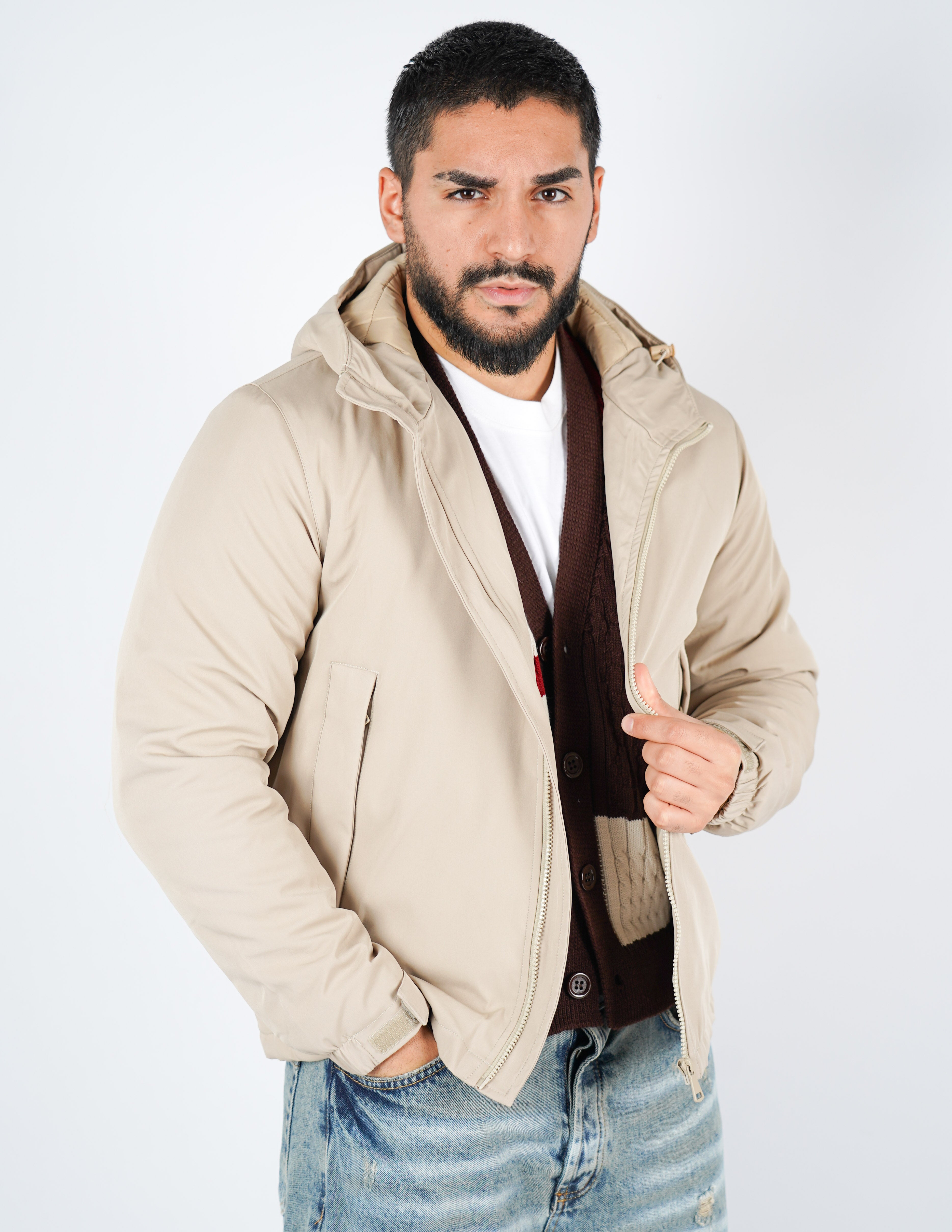 giubbino uomo tessuto tecnico con cappuccio