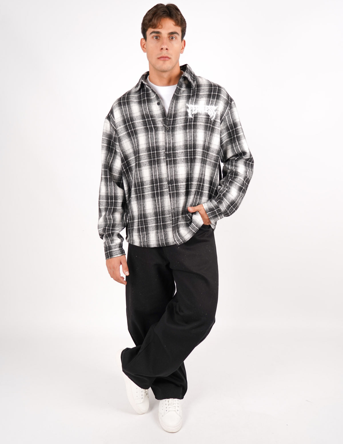 camicia a quadri in flanella con ricamo