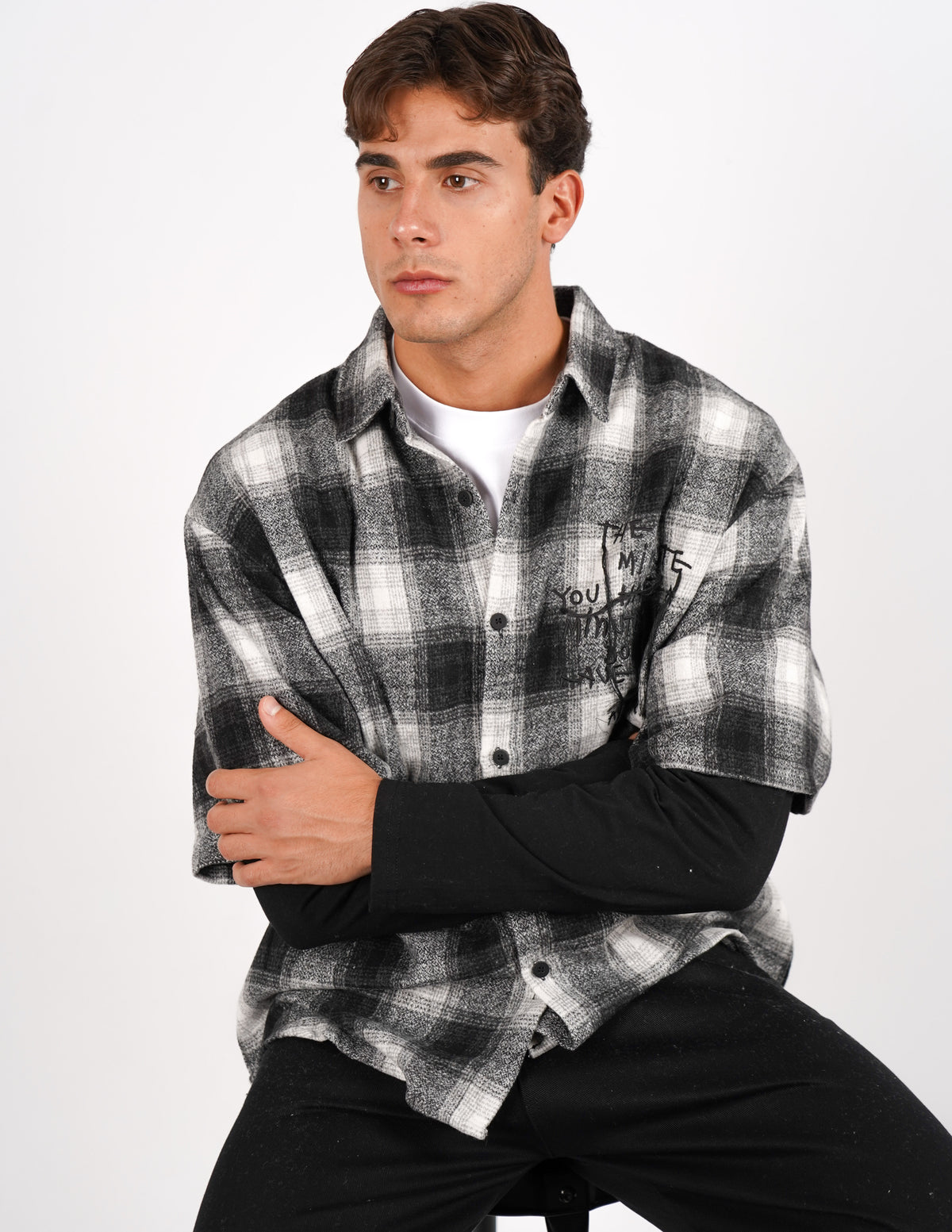 CAMICIA A QAUDRI DOPPIA MANICA CON STAMPA