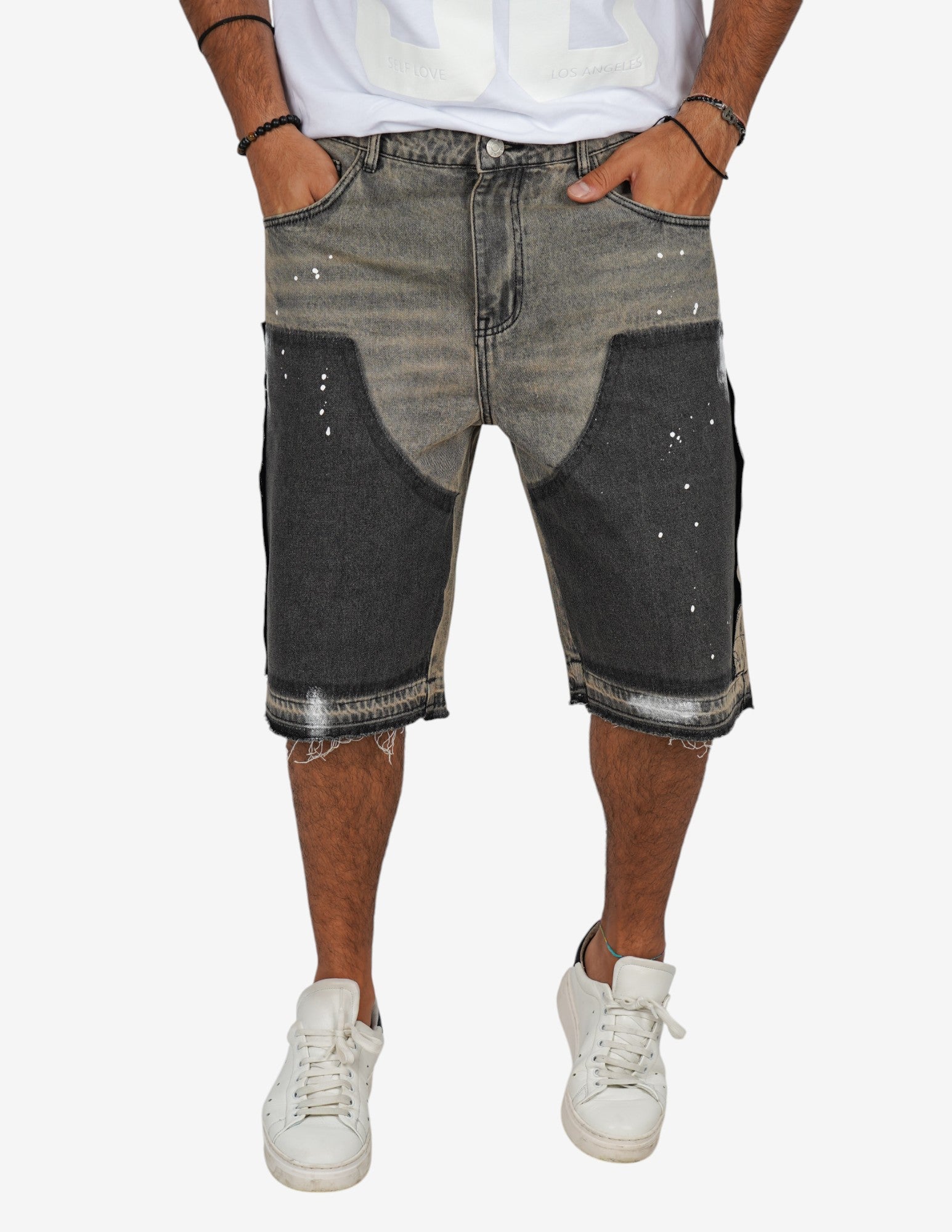 bermuda in jeans con schizzi