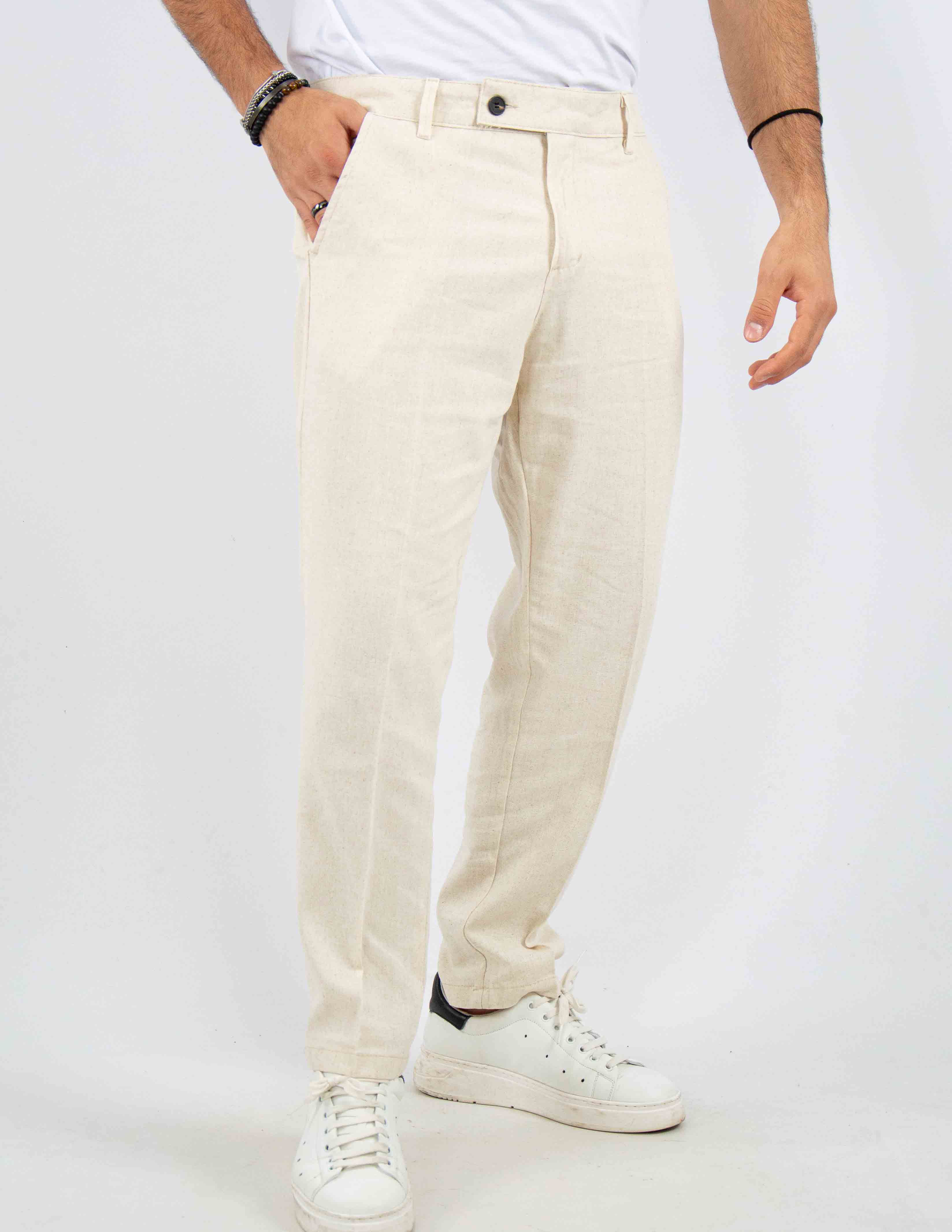 pantalone con abbottonatura allungata misto lino