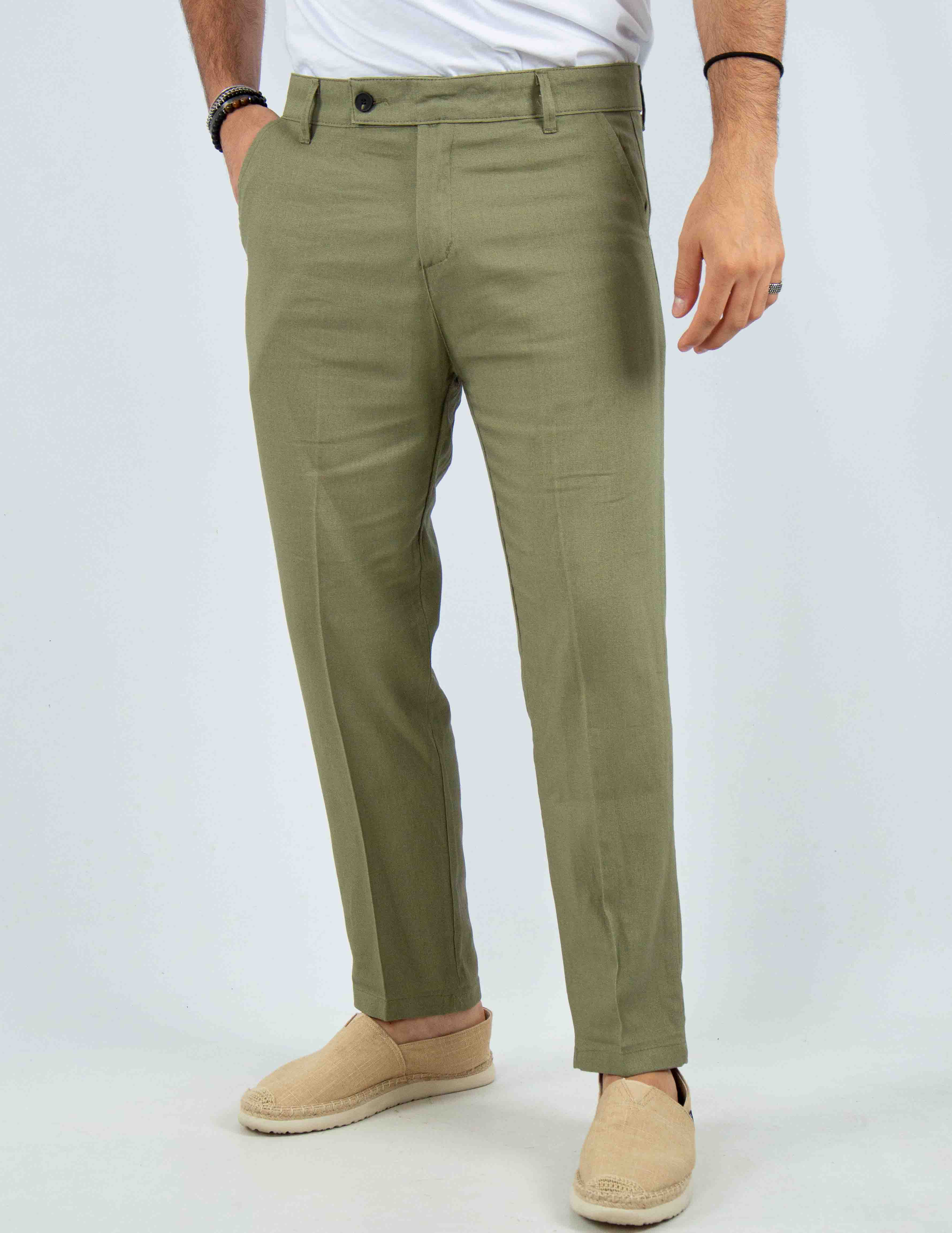 pantalone con abbottonatura allungata misto lino