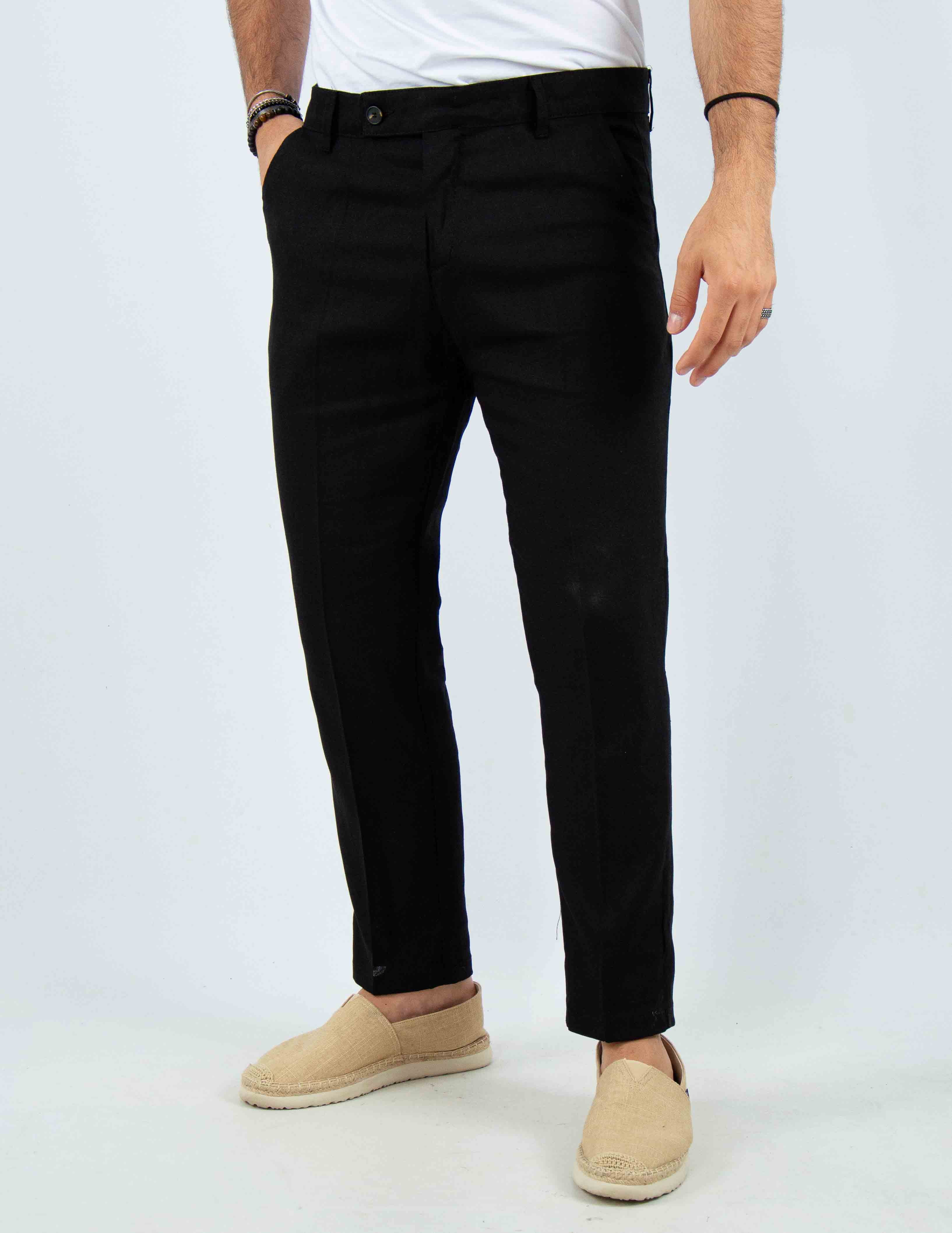 pantalone con abbottonatura allungata misto lino