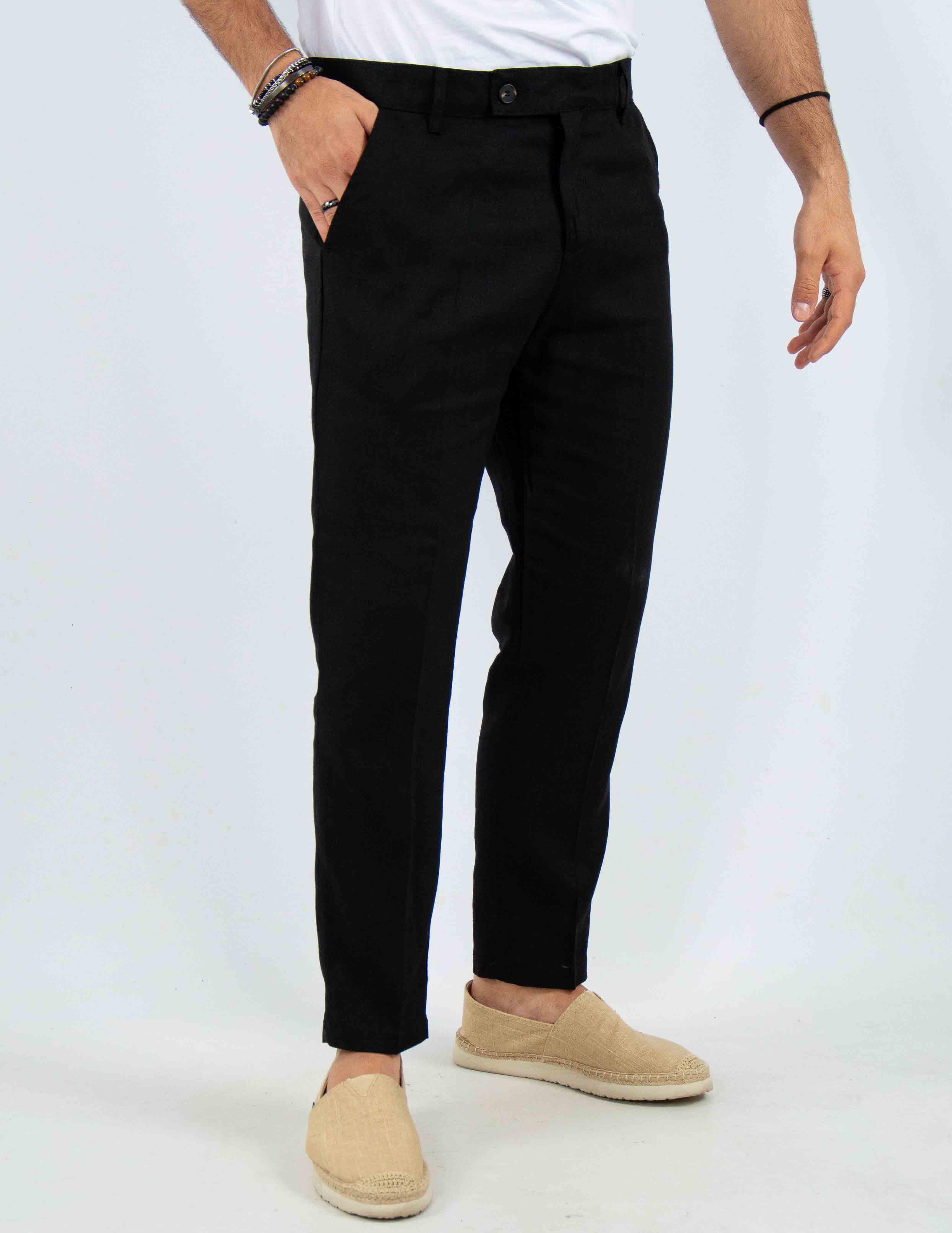 pantalone con abbottonatura allungata misto lino