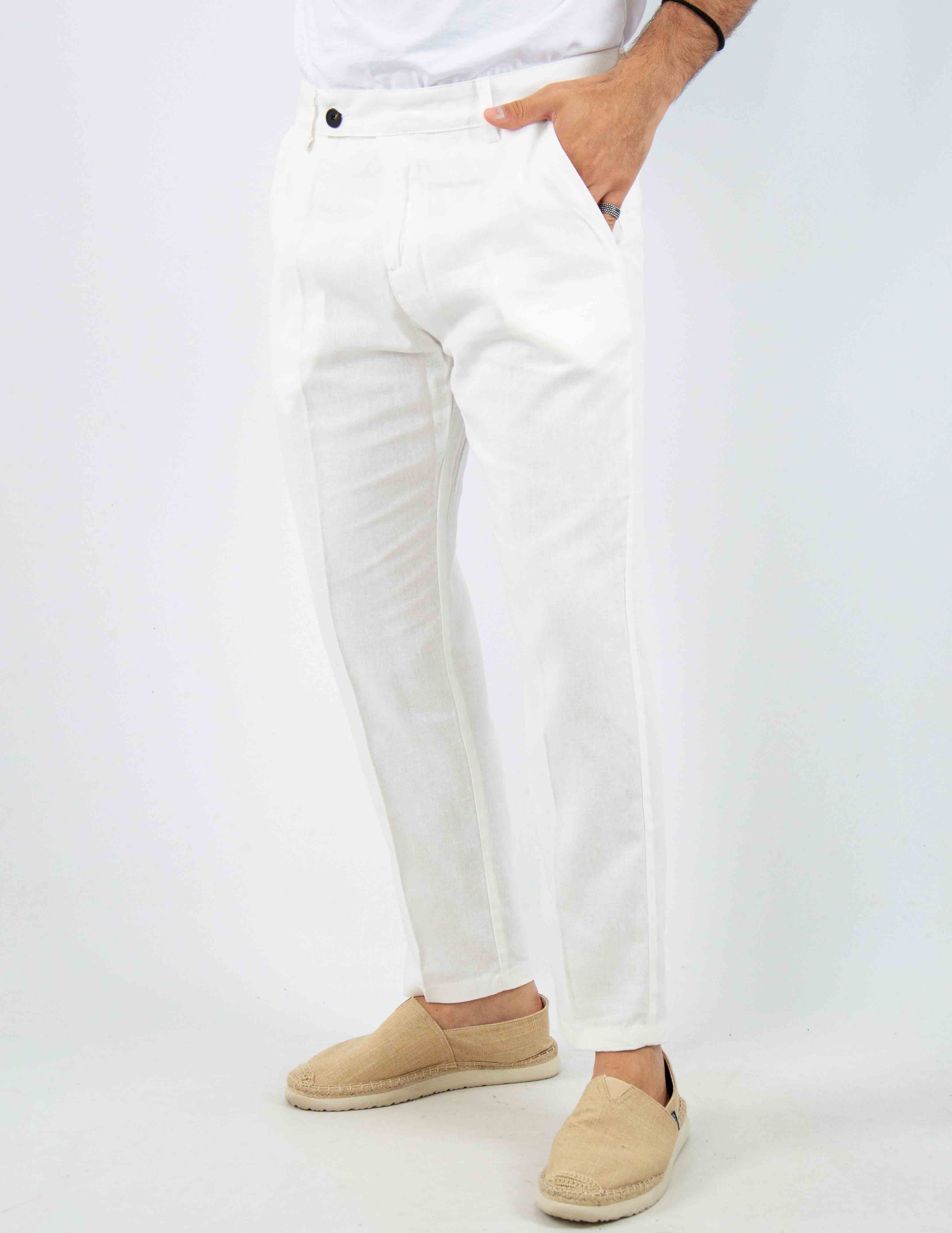 pantalone con abbottonatura allungata misto lino