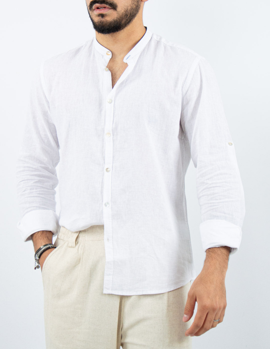 camicia in misto lino con collo coreana