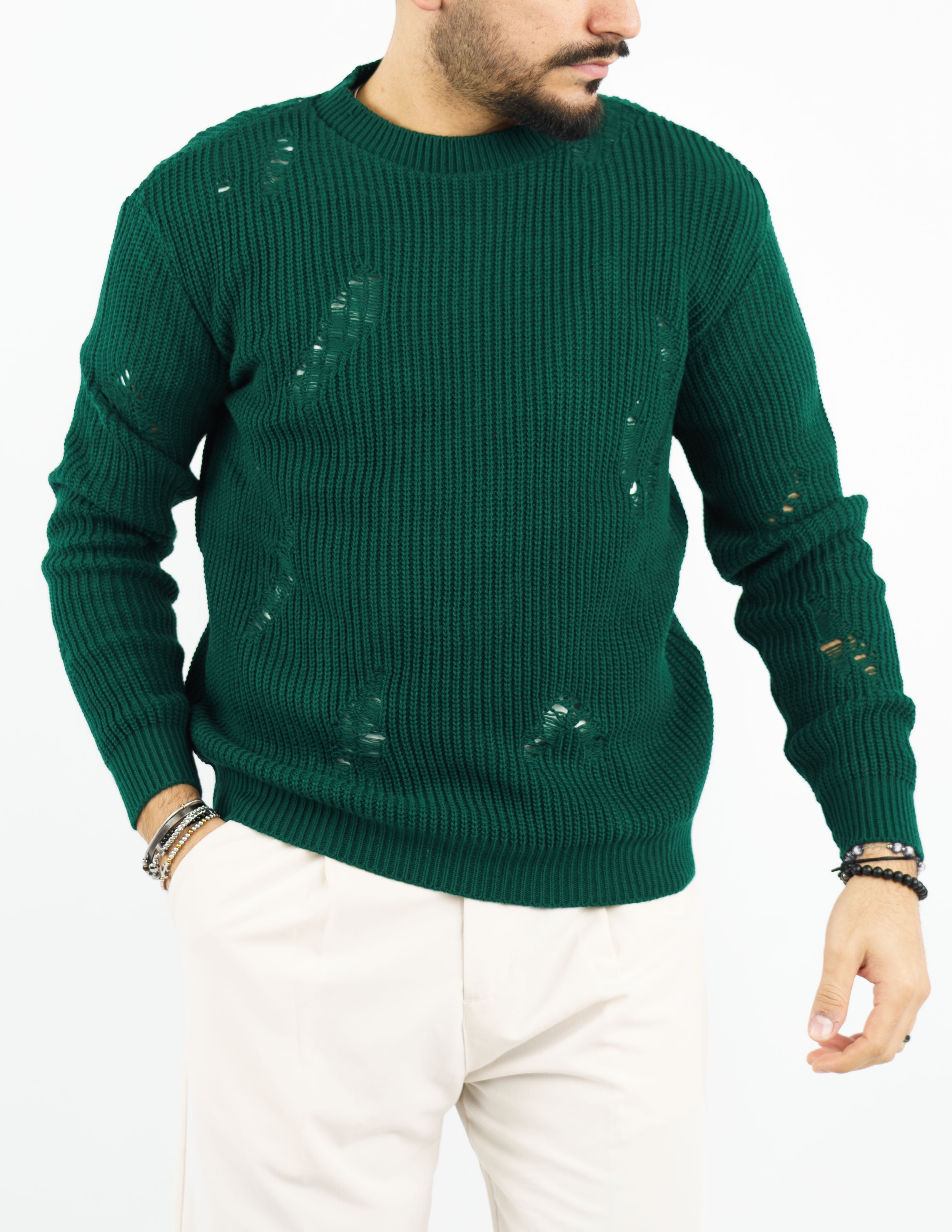 maglione uomo girocollo strutturato con rotture