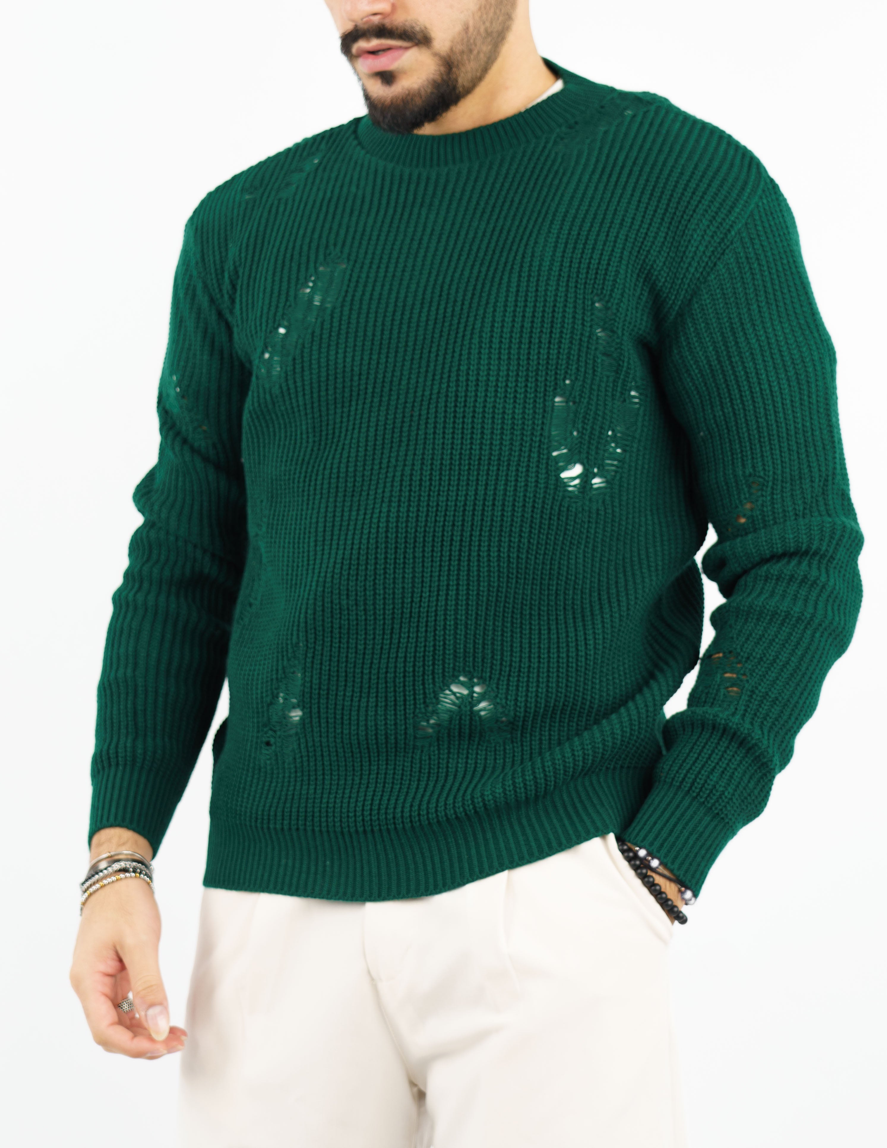 maglione uomo girocollo strutturato con rotture