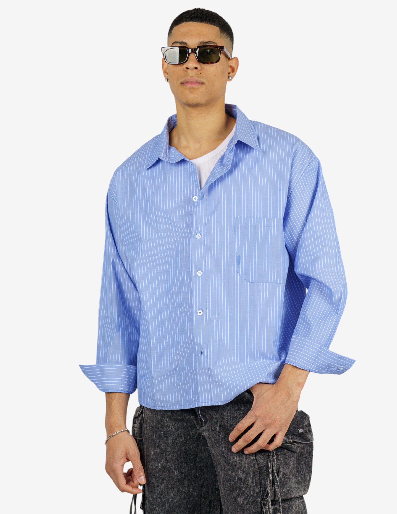 camicia rigata manica lunga semi over crop